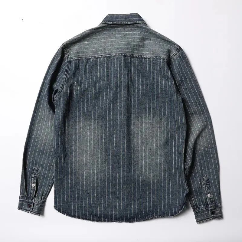 2023 Innovative Denim New Arrival Stripe Denim Full Turn-down Collar Open Stitch Striped Men Casual Shirts