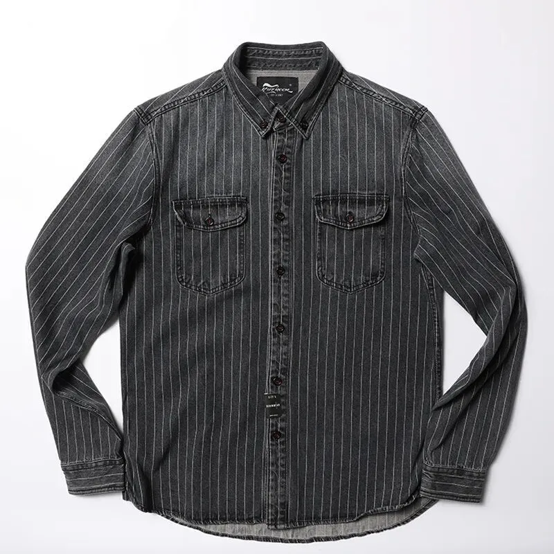 2023 Innovative Denim New Arrival Stripe Denim Full Turn-down Collar Open Stitch Striped Men Casual Shirts