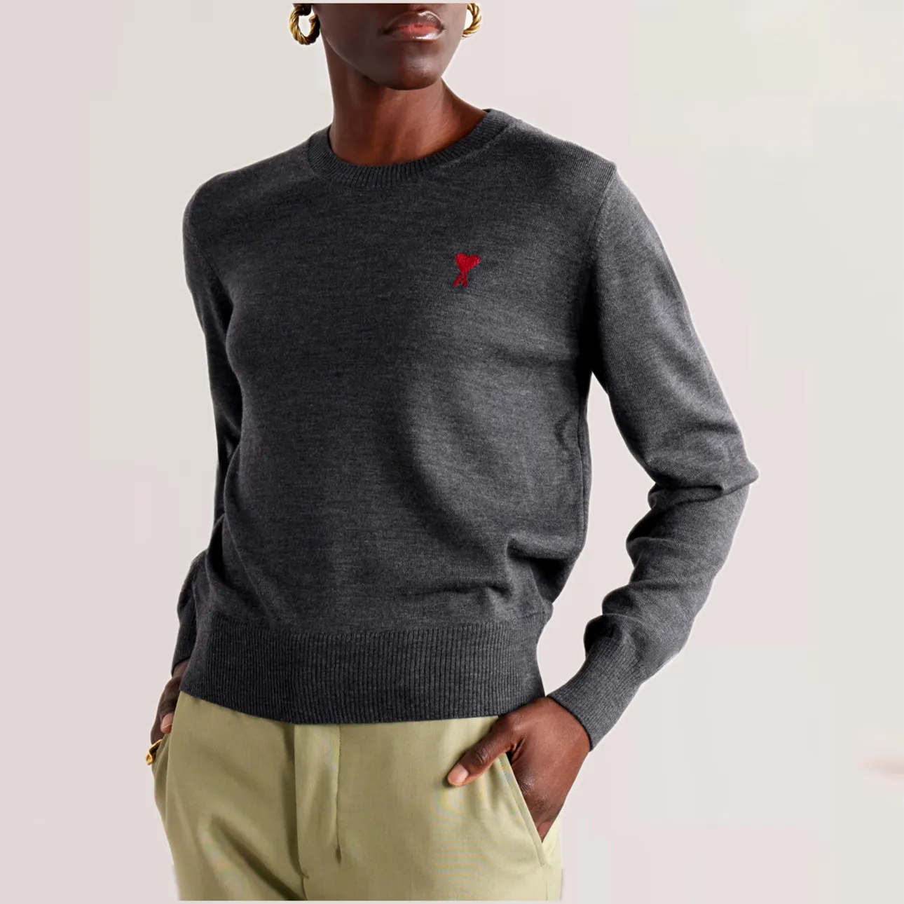 AMI PARIS  |Wool Long Sleeves Plain Logo V-neck & Crew neck