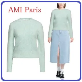 AMI PARIS  |Wool Long Sleeves Plain Medium V-neck & Crew neck