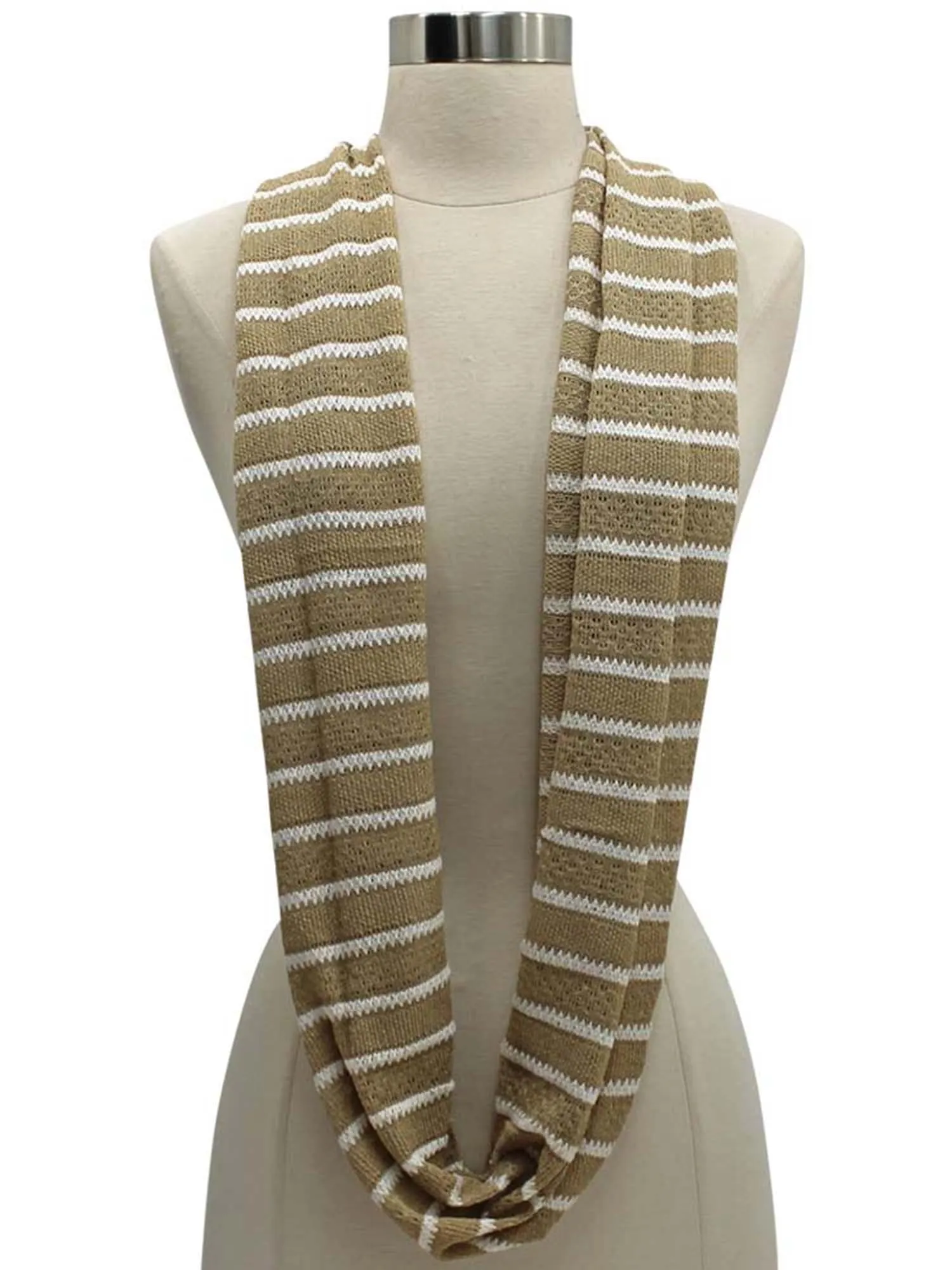 Beige & White Stripe Cotton Knit Lightweight Circle Infinity Scarf