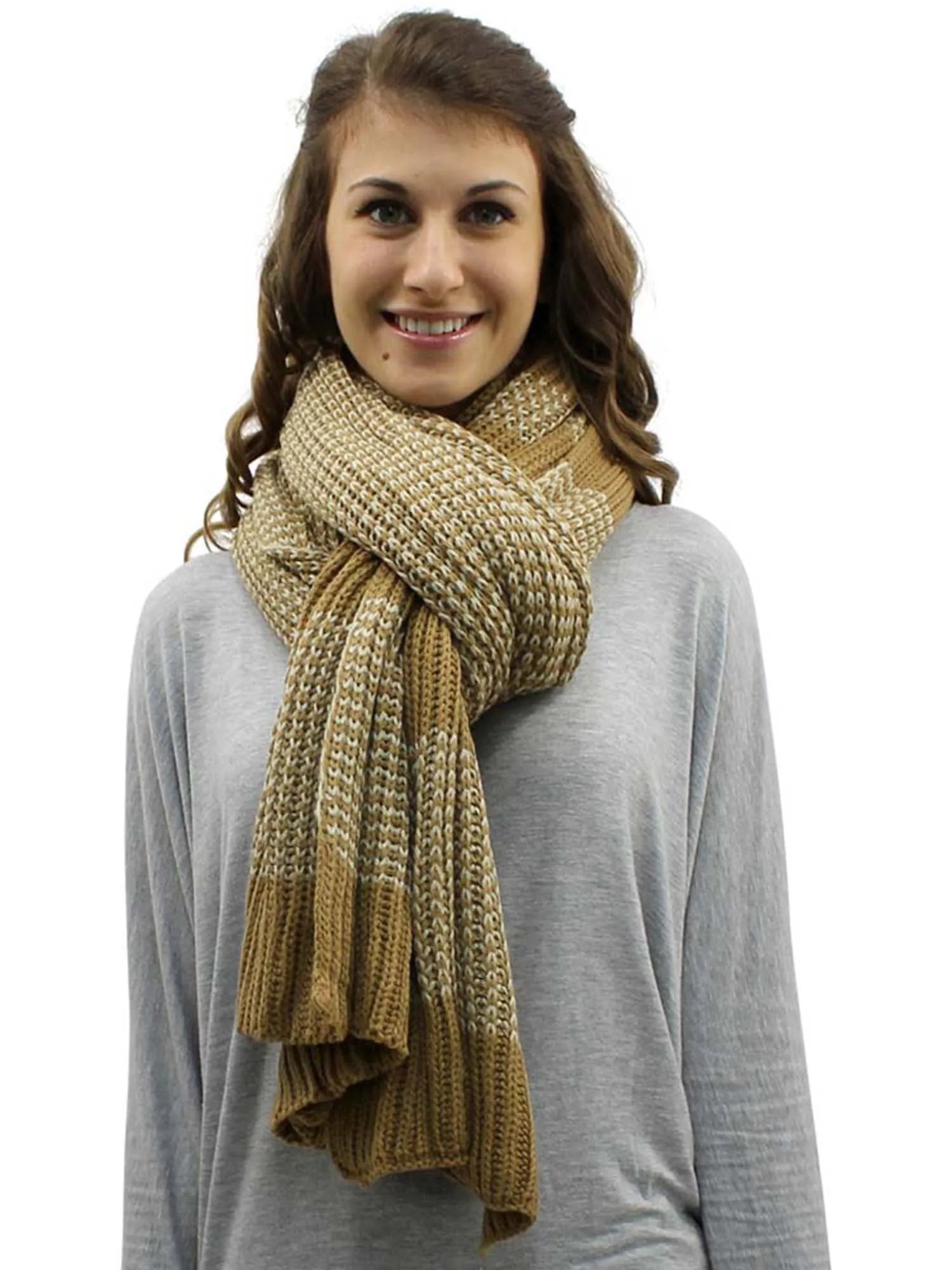 Beige Striped Chunky Knit Oblong Unisex Winter Scarf