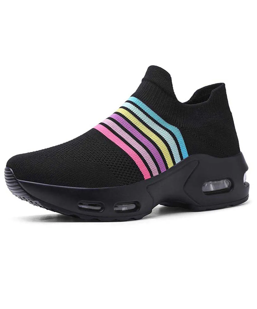 Black color stripe flyknit slip on shoe sneaker