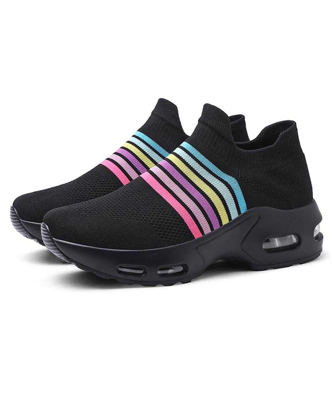 Black color stripe flyknit slip on shoe sneaker