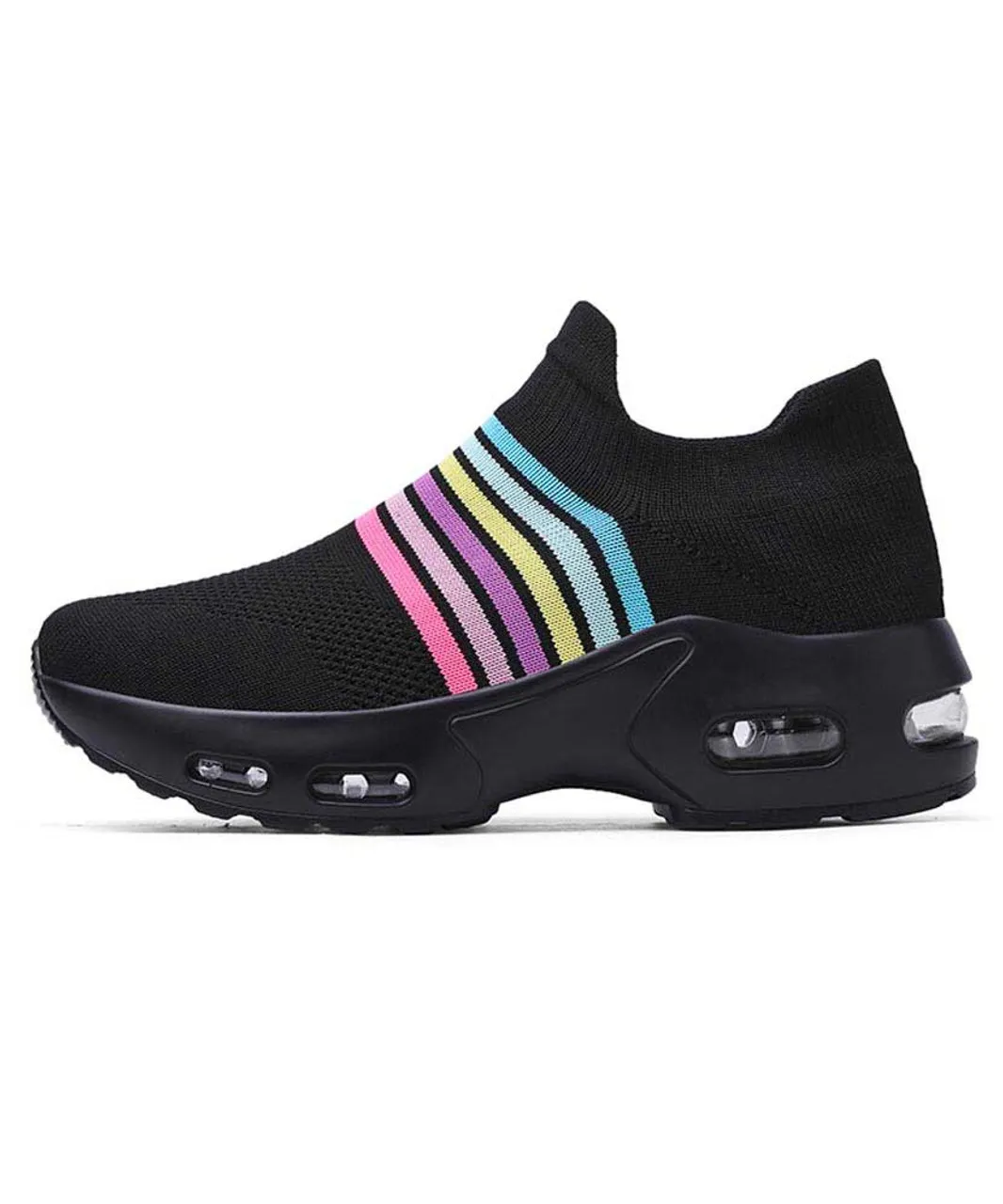 Black color stripe flyknit slip on shoe sneaker