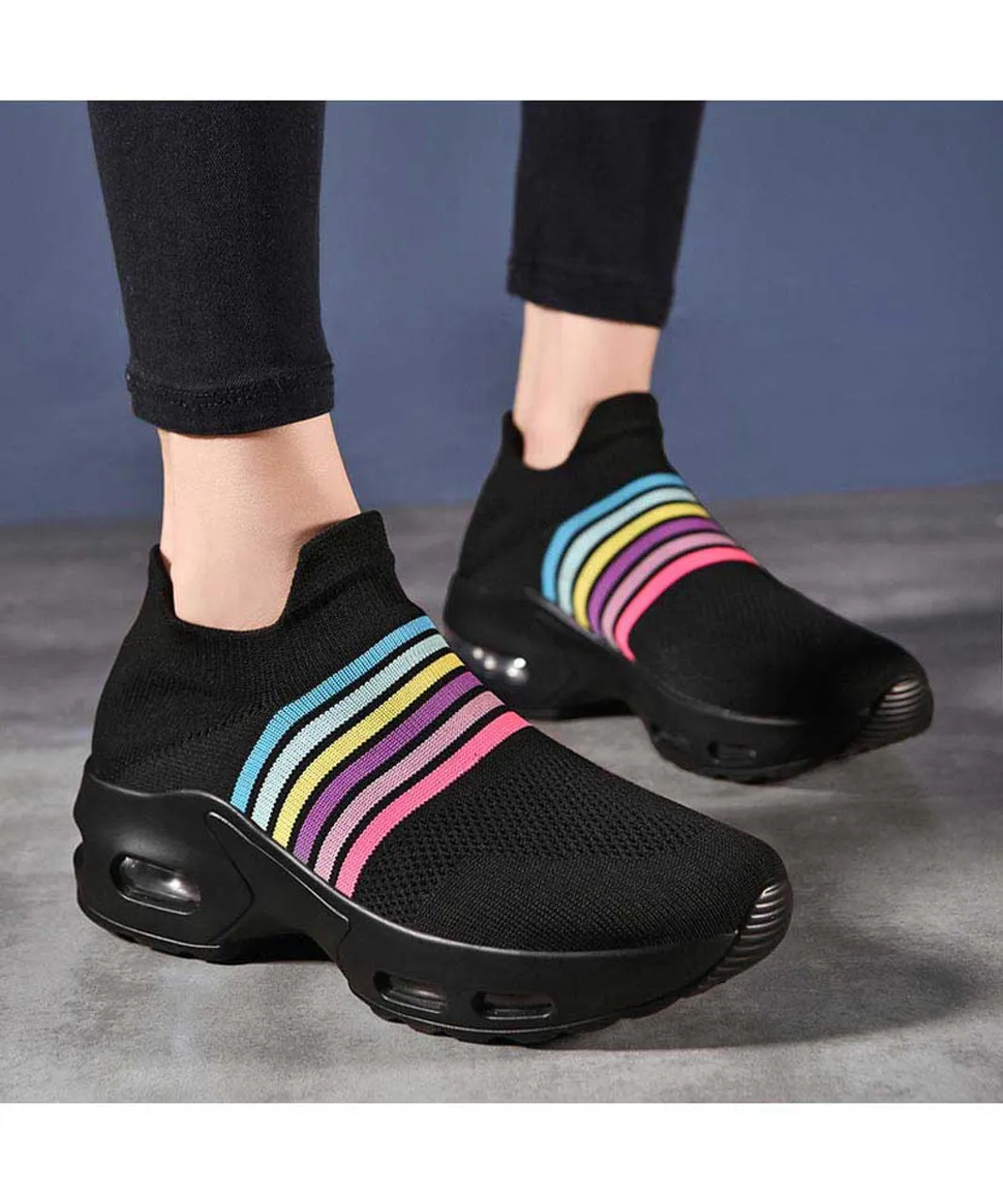 Black color stripe flyknit slip on shoe sneaker