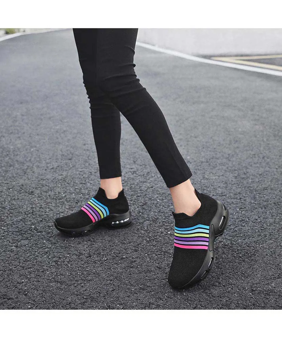 Black color stripe flyknit slip on shoe sneaker