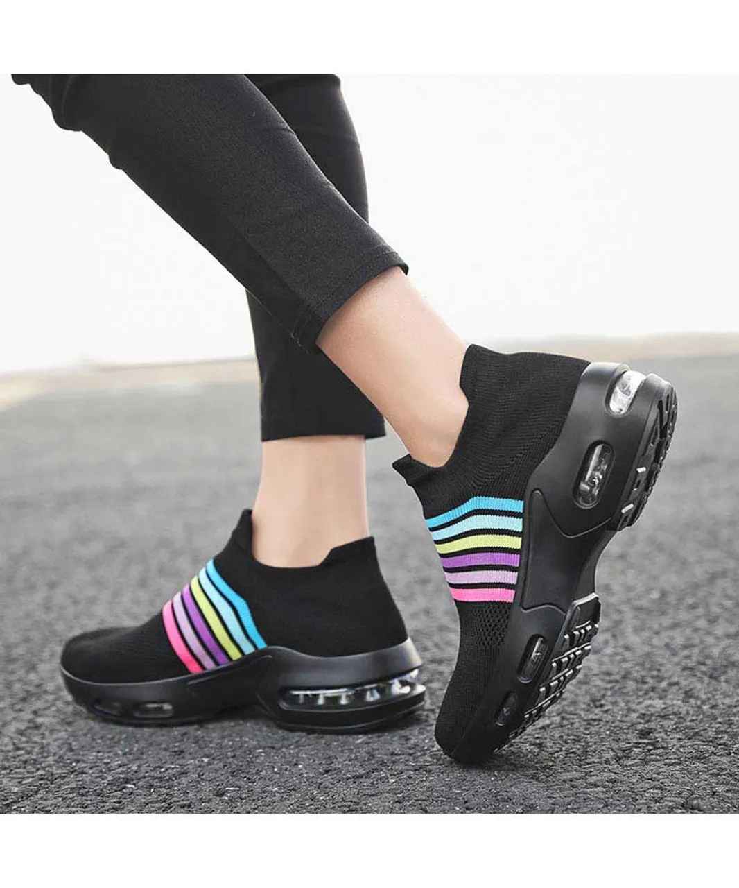 Black color stripe flyknit slip on shoe sneaker