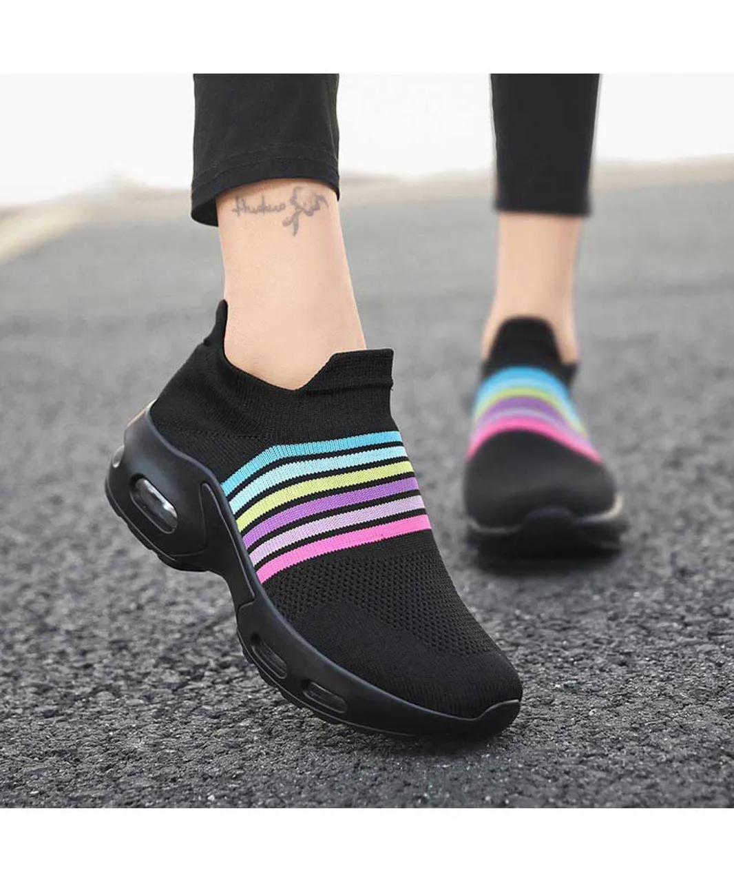 Black color stripe flyknit slip on shoe sneaker