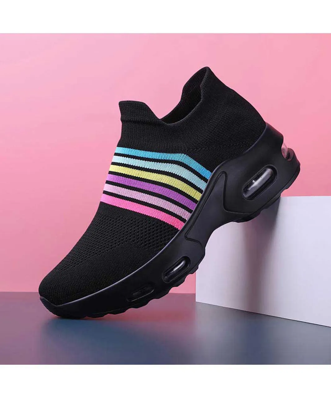 Black color stripe flyknit slip on shoe sneaker