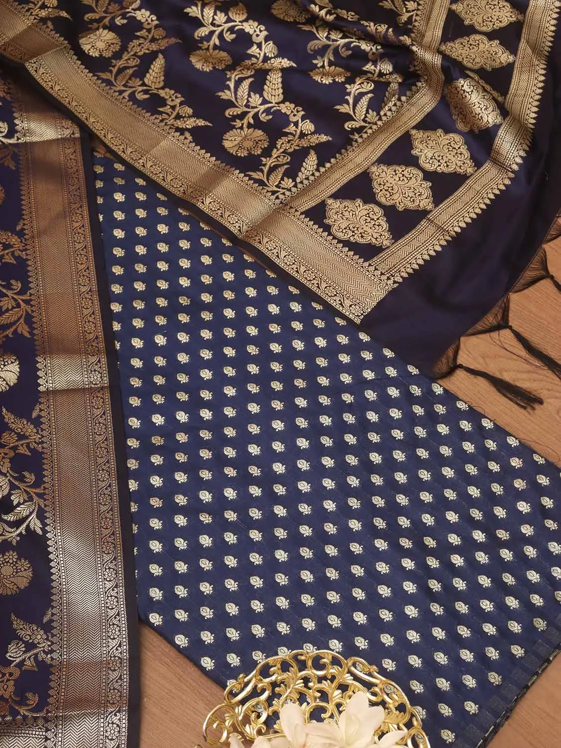 Blue Banarasi Silk Zari Booti Design Suit With Blue Banarasi Silk Dupatta