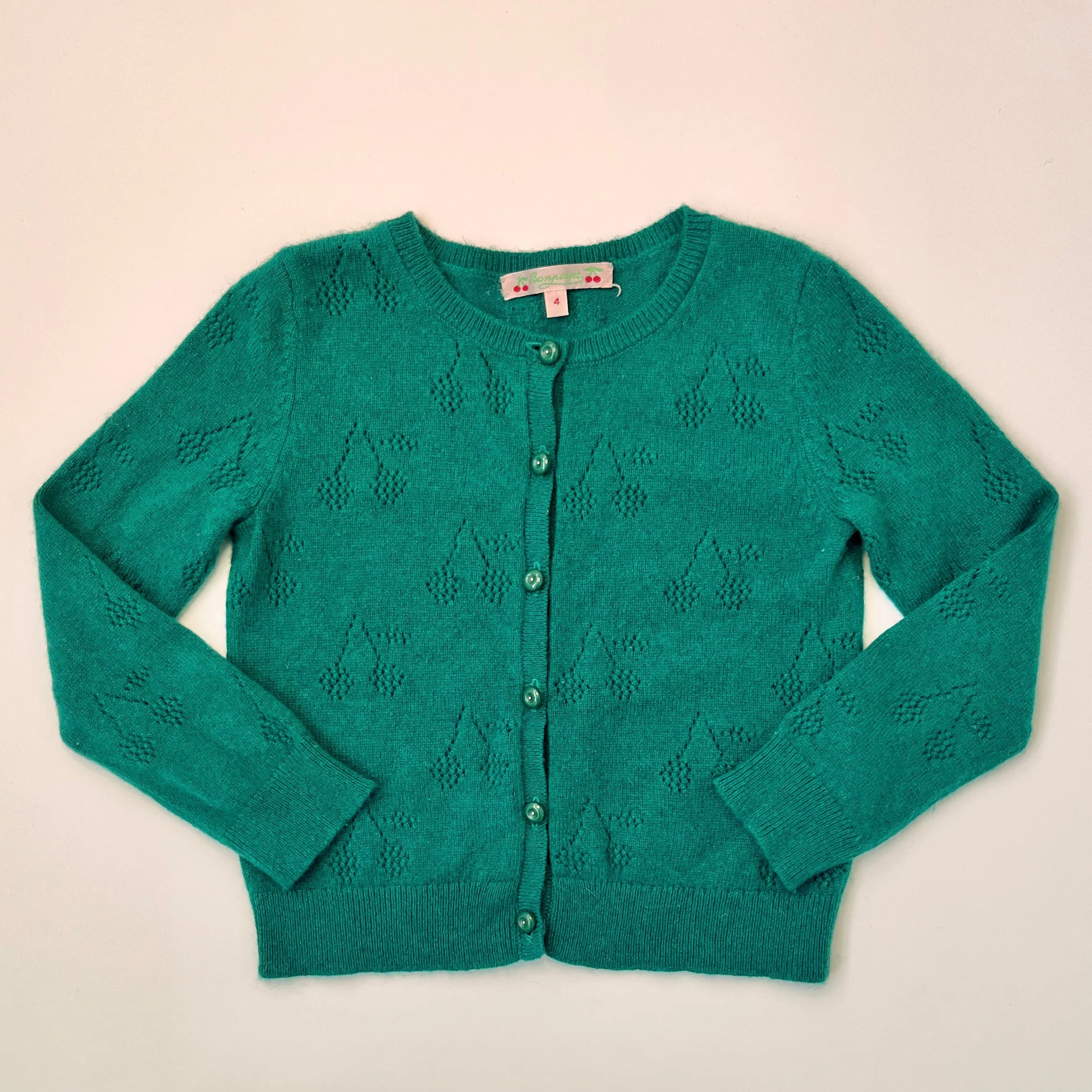 Bonpoint Green Cashmere Cherry Motif Cardigan: 4 Years