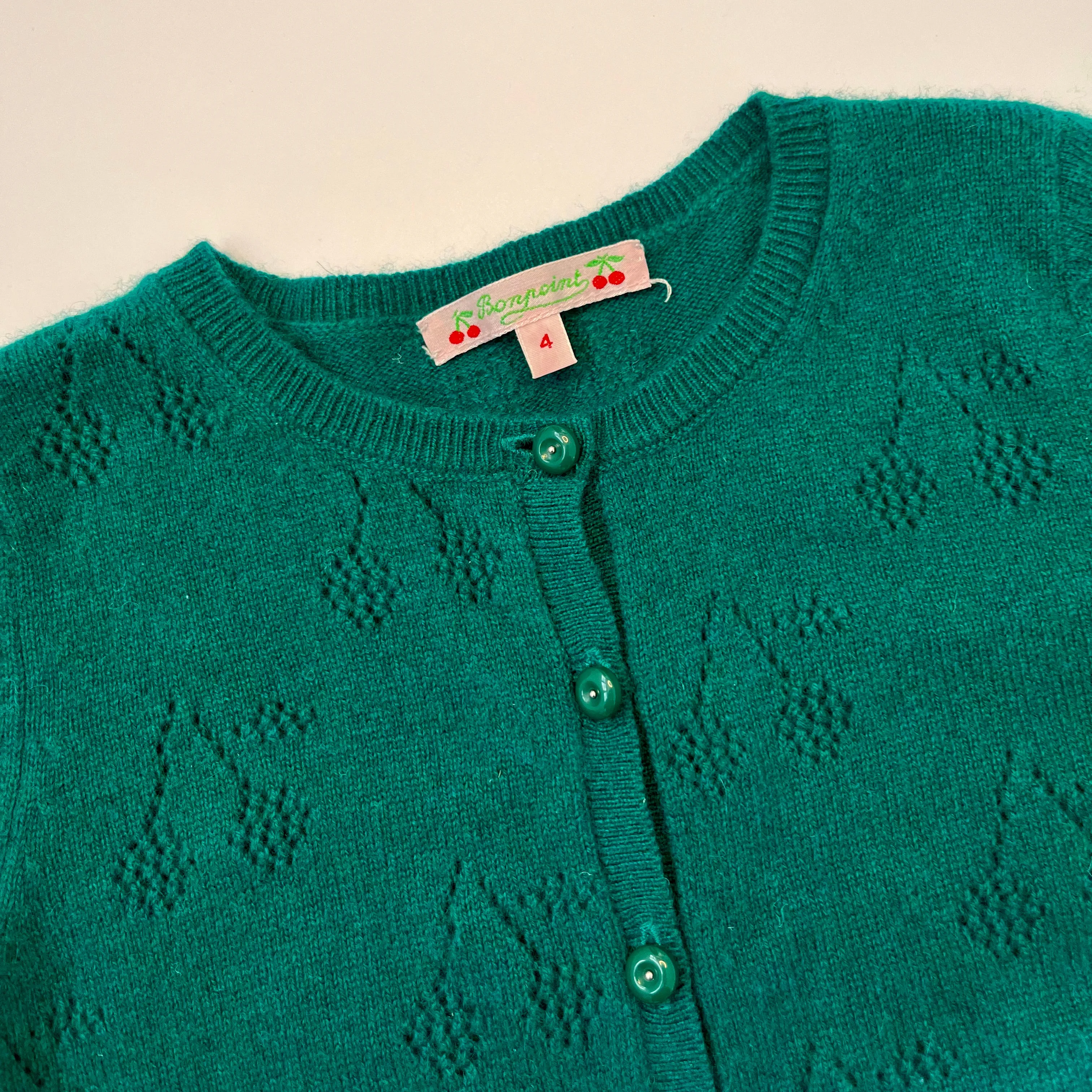 Bonpoint Green Cashmere Cherry Motif Cardigan: 4 Years