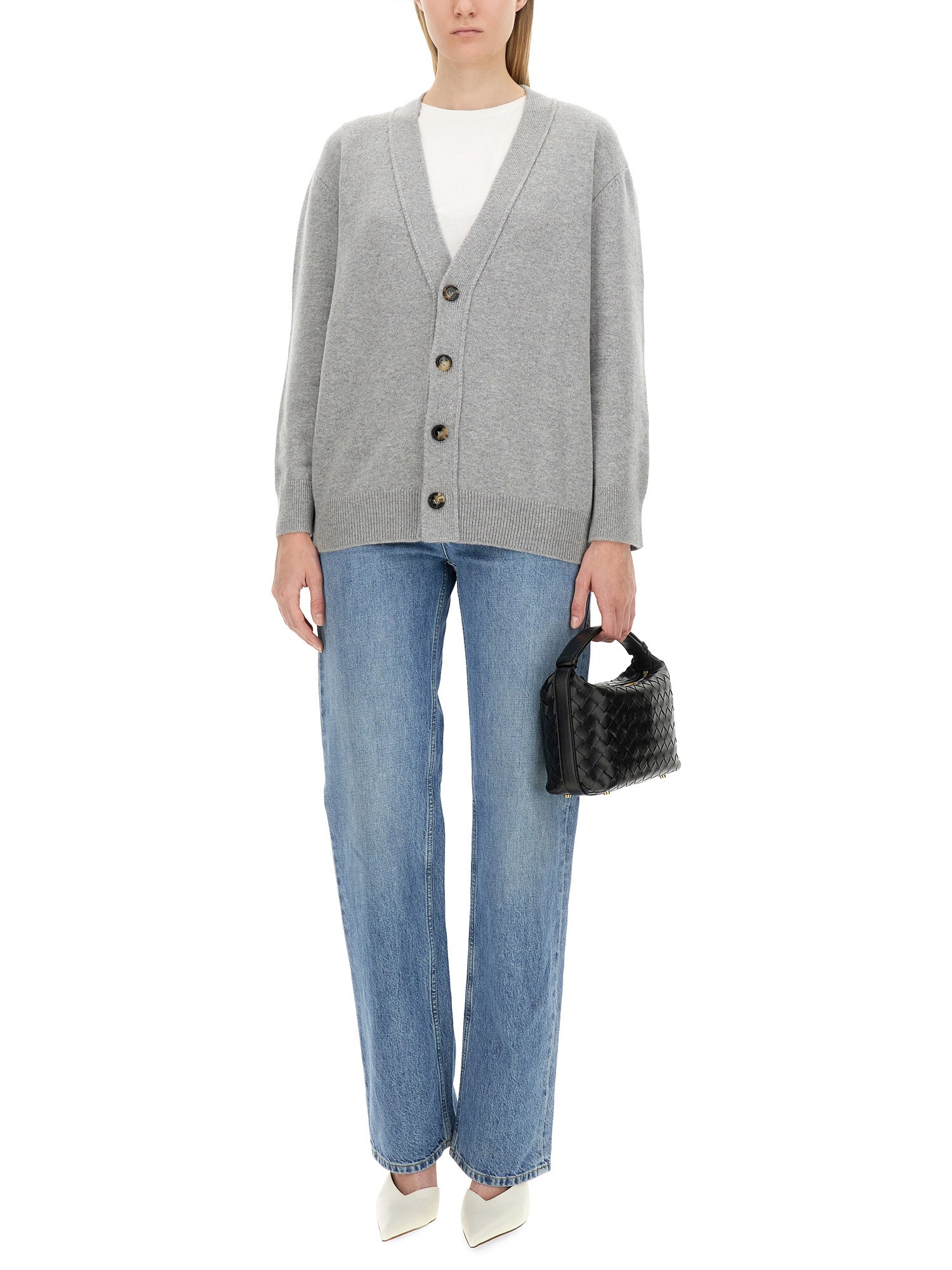 BOTTEGA VENETA    CASHMERE CARDIGAN WITH WOVEN LEATHER APPLICATIONS