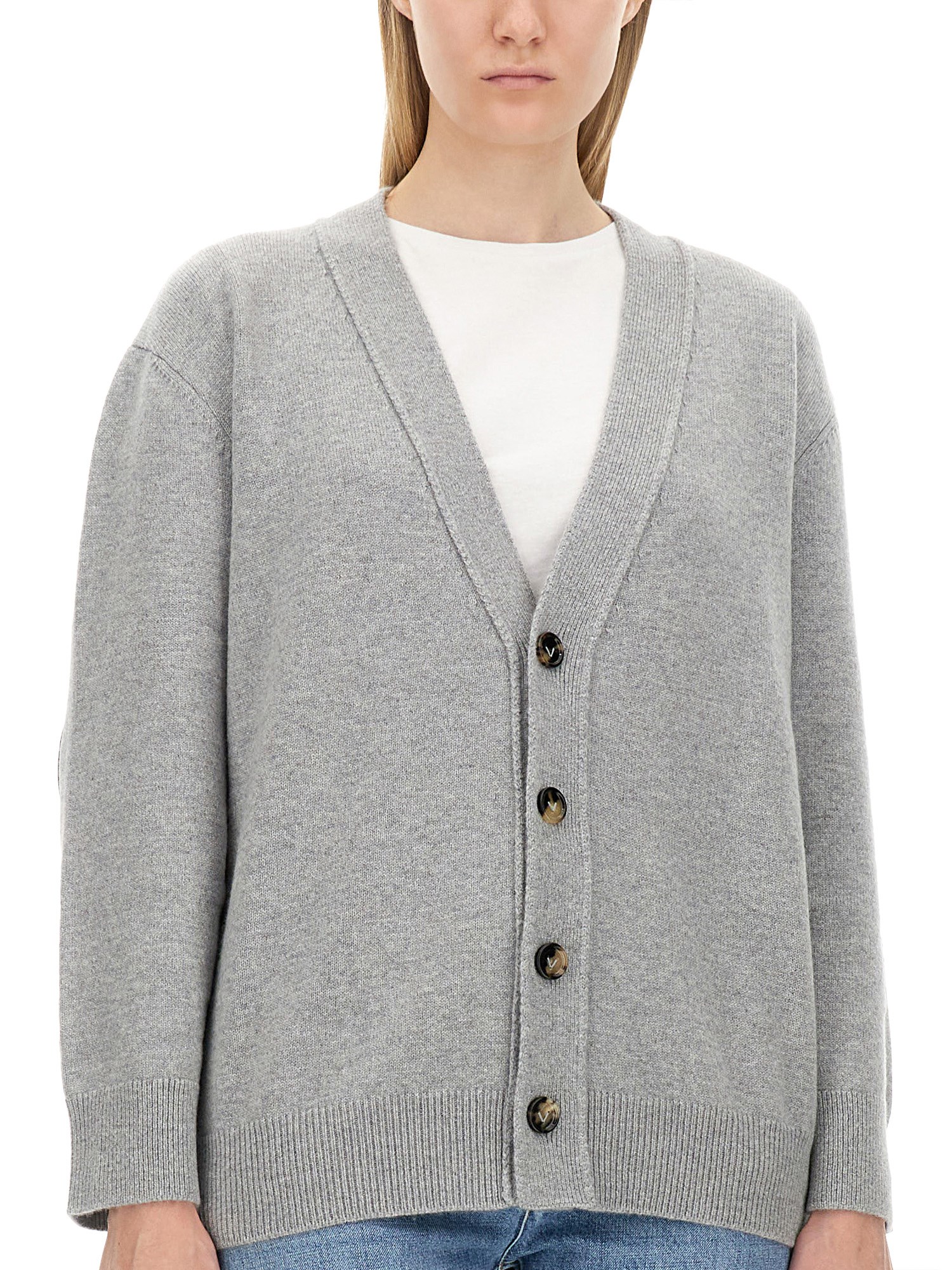 BOTTEGA VENETA    CASHMERE CARDIGAN WITH WOVEN LEATHER APPLICATIONS