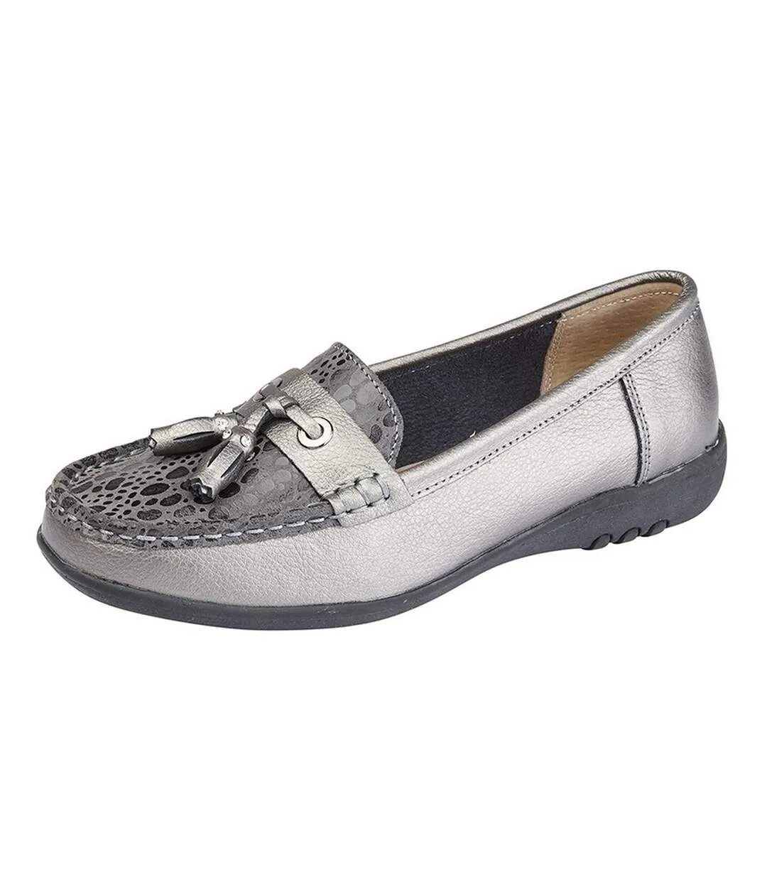 Boulevard Womens/Ladies Wide Fitting Reptile Print Tassle Shoes (Pewter) - UTDF1459