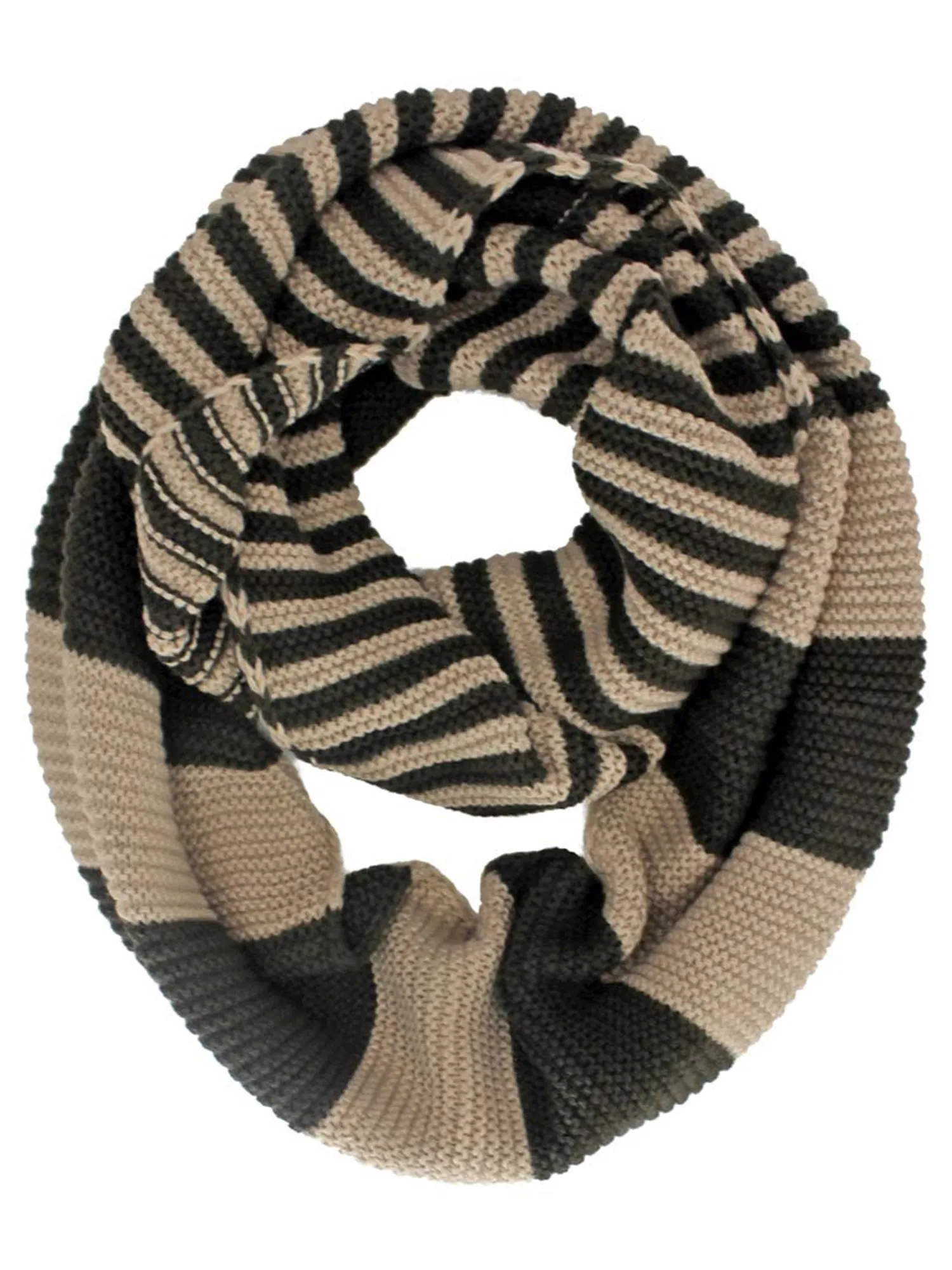 Brown & Beige Knit Striped Infinity Scarf