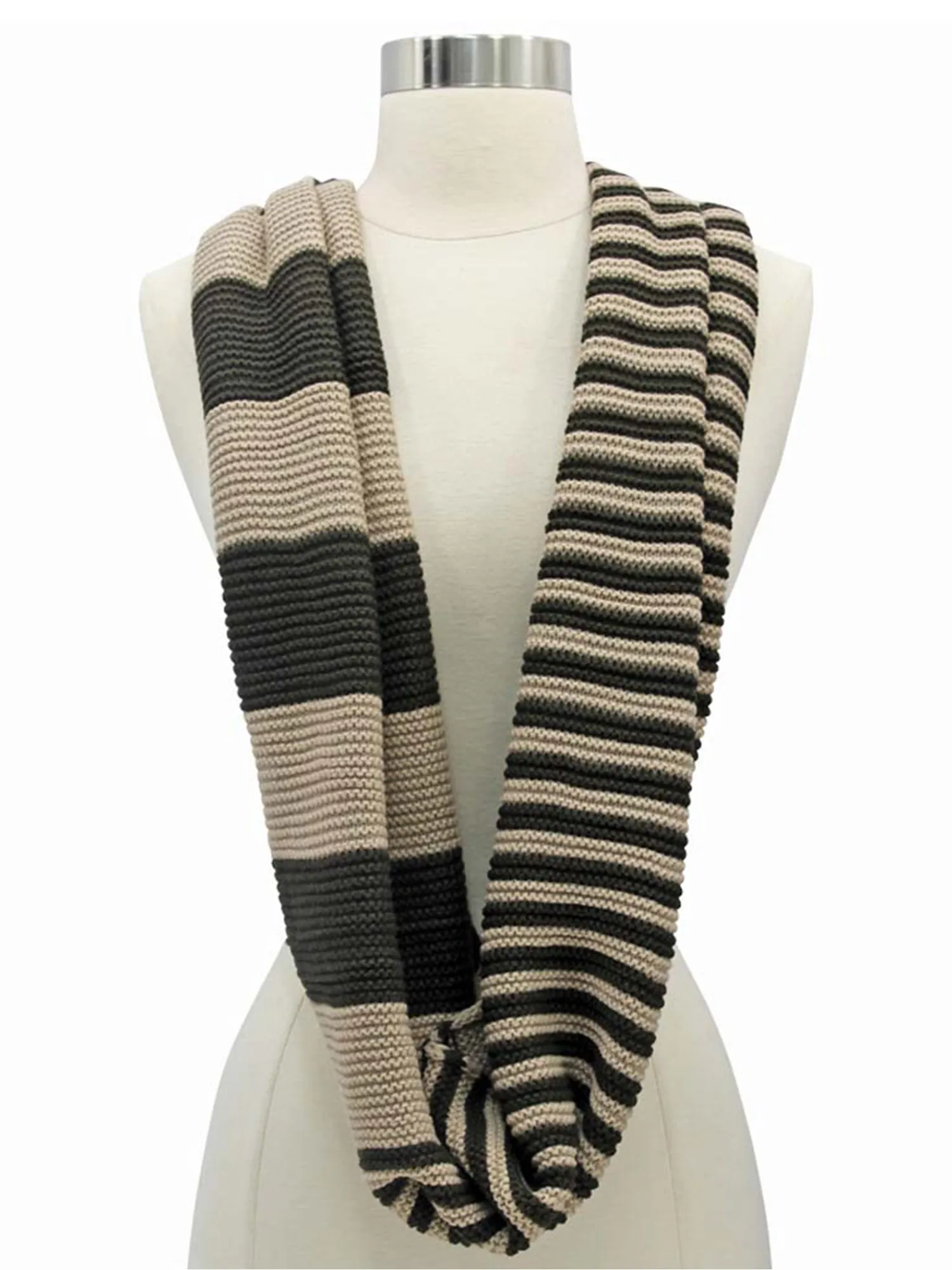 Brown & Beige Knit Striped Infinity Scarf