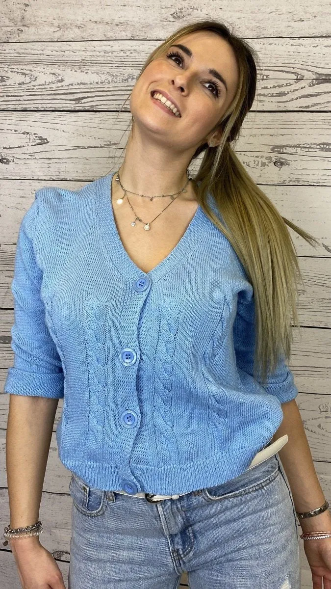 Cardigan azzurro in maglia con bordi a coste