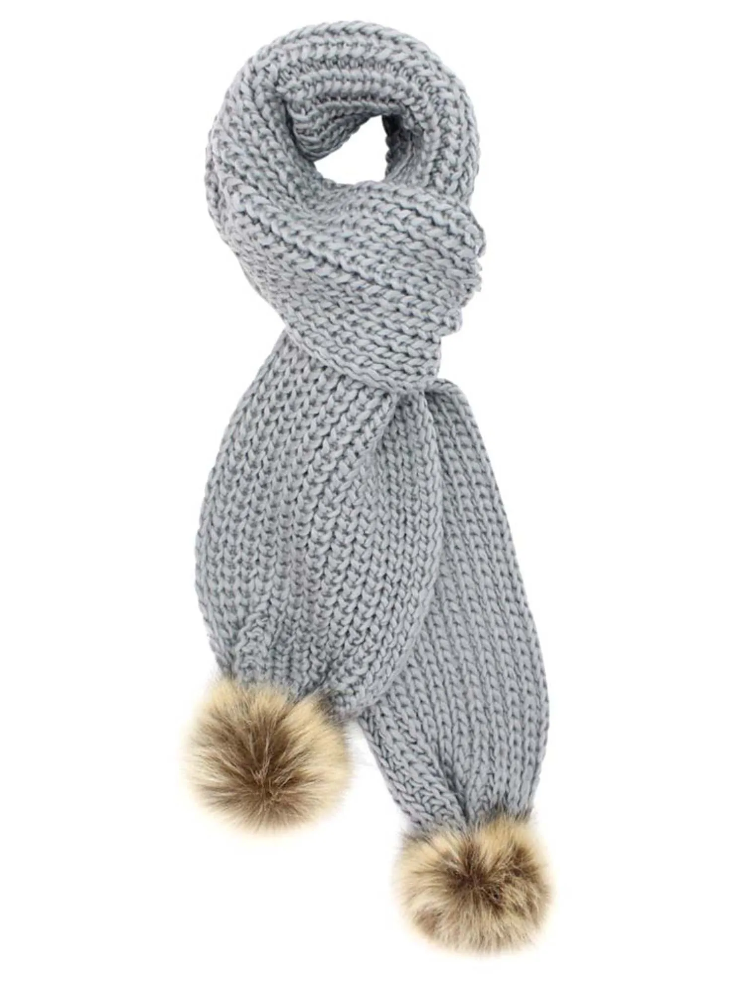 Chunky Knit Oblong Scarf With Faux Fur Pom Poms