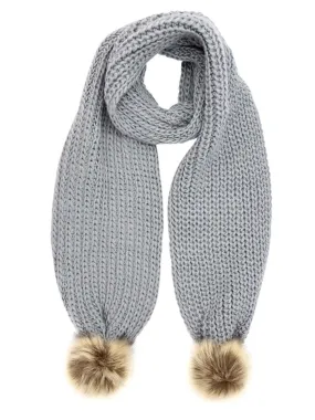 Chunky Knit Oblong Scarf With Faux Fur Pom Poms