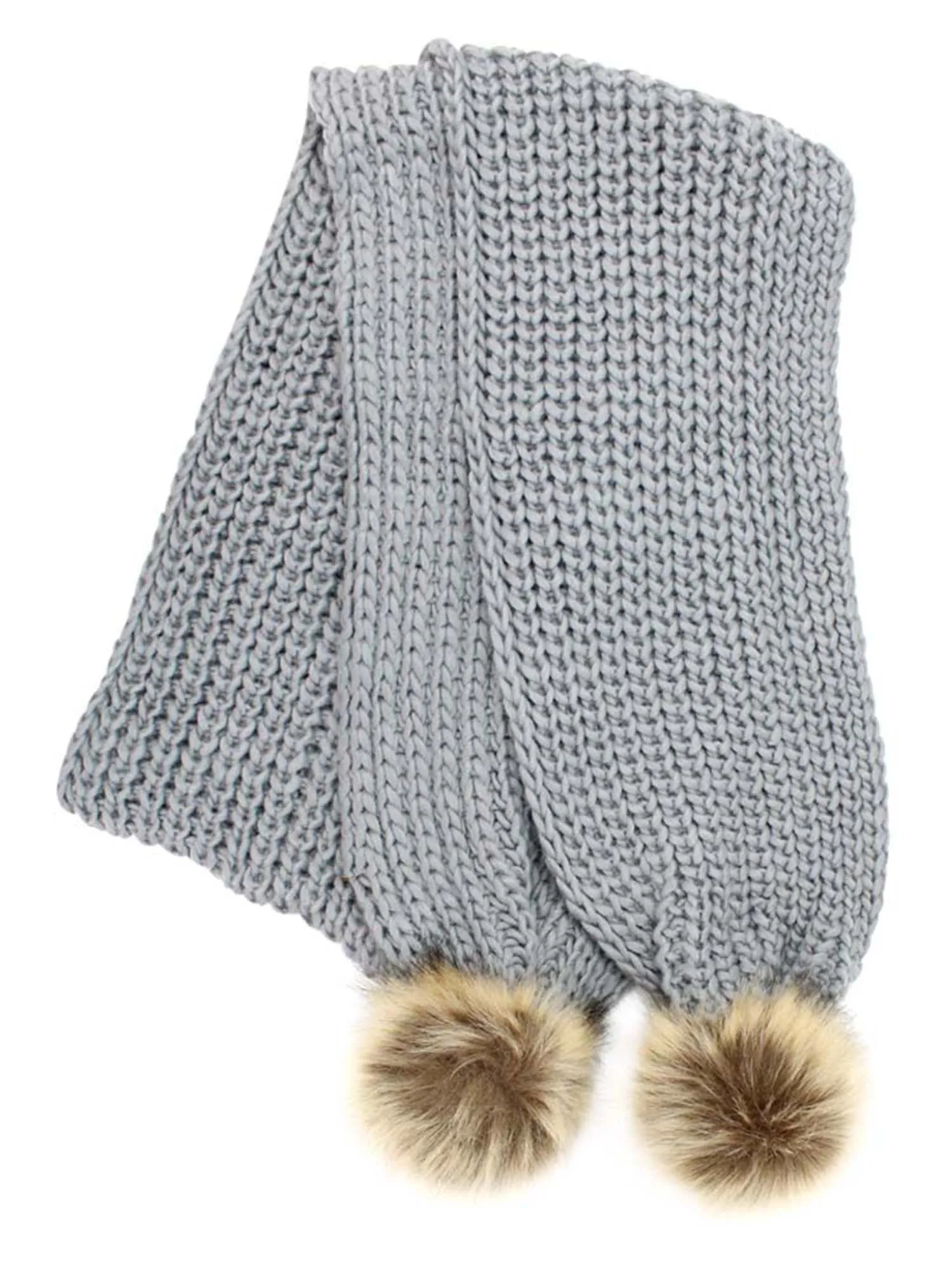 Chunky Knit Oblong Scarf With Faux Fur Pom Poms