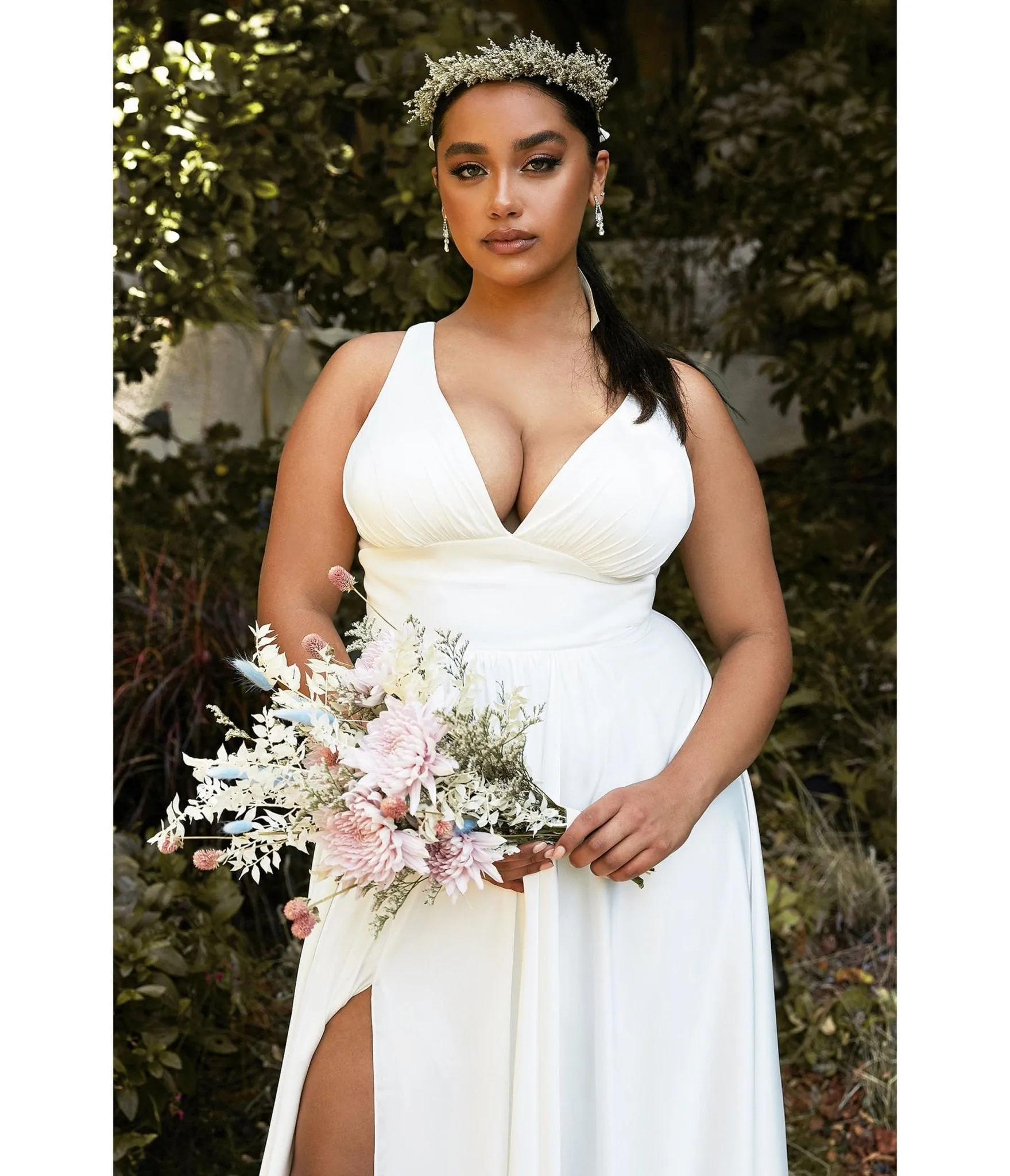 Cinderella Divine  Plus Size White Satin A Line Bridal Gown