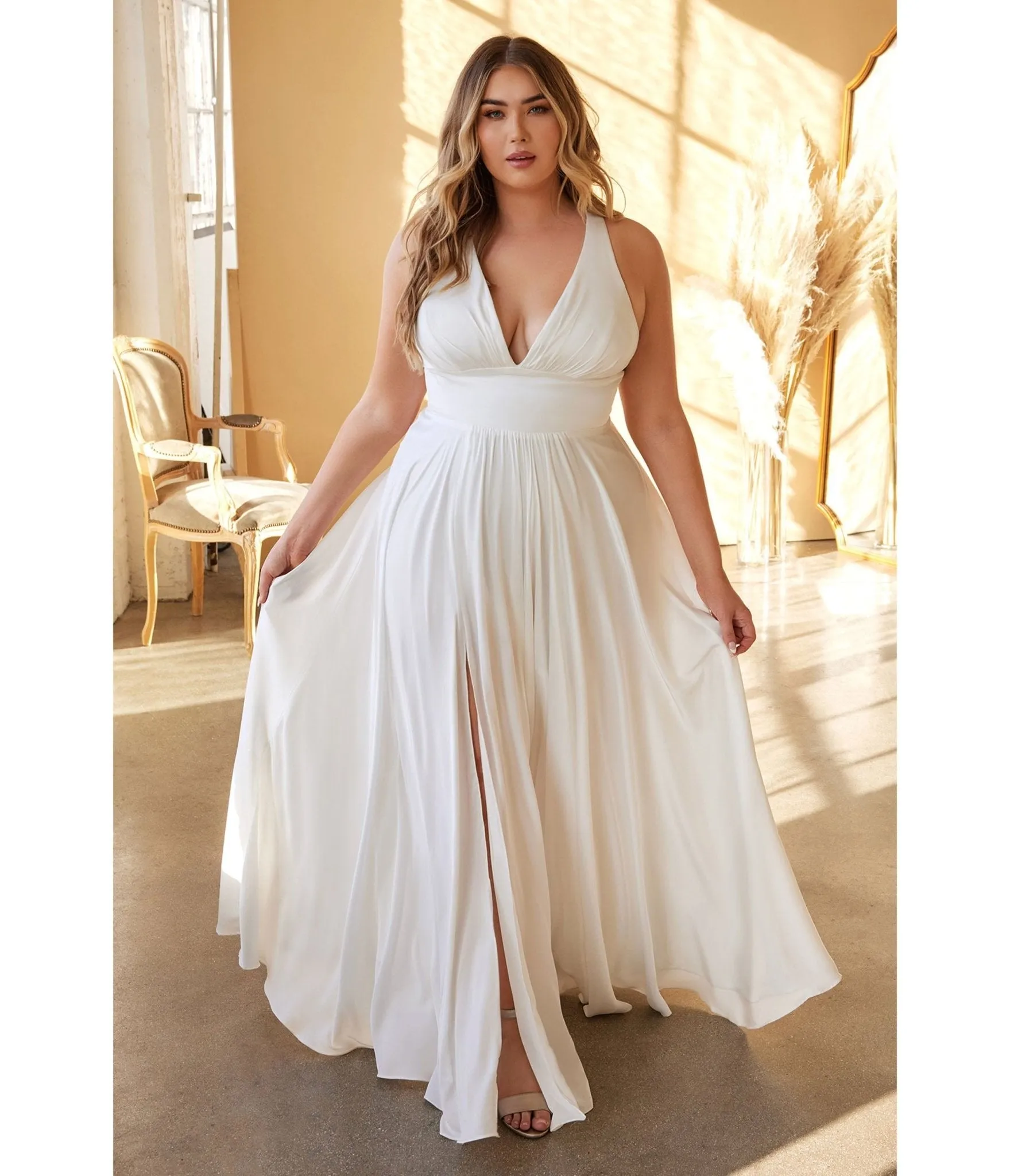 Cinderella Divine  Plus Size White Satin A Line Bridal Gown