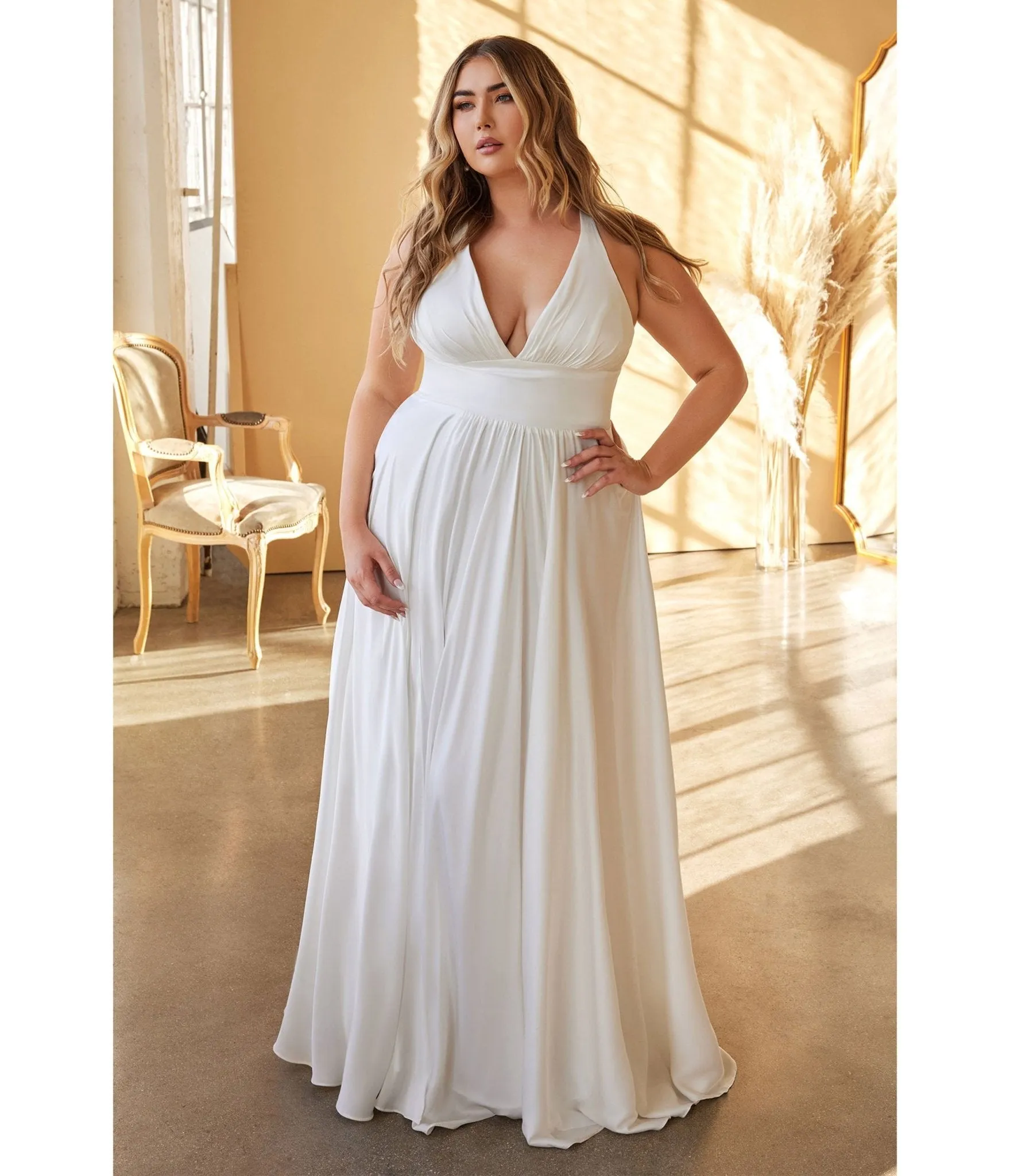 Cinderella Divine  Plus Size White Satin A Line Bridal Gown