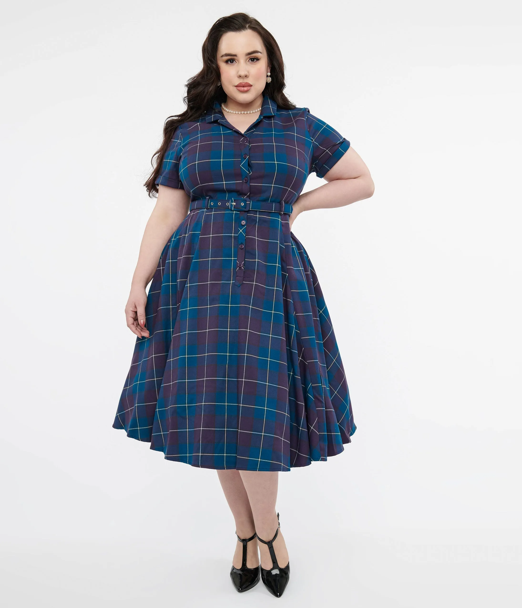 Collectif Plus Size Teal & Purple Checkered Caterina Swing Dress