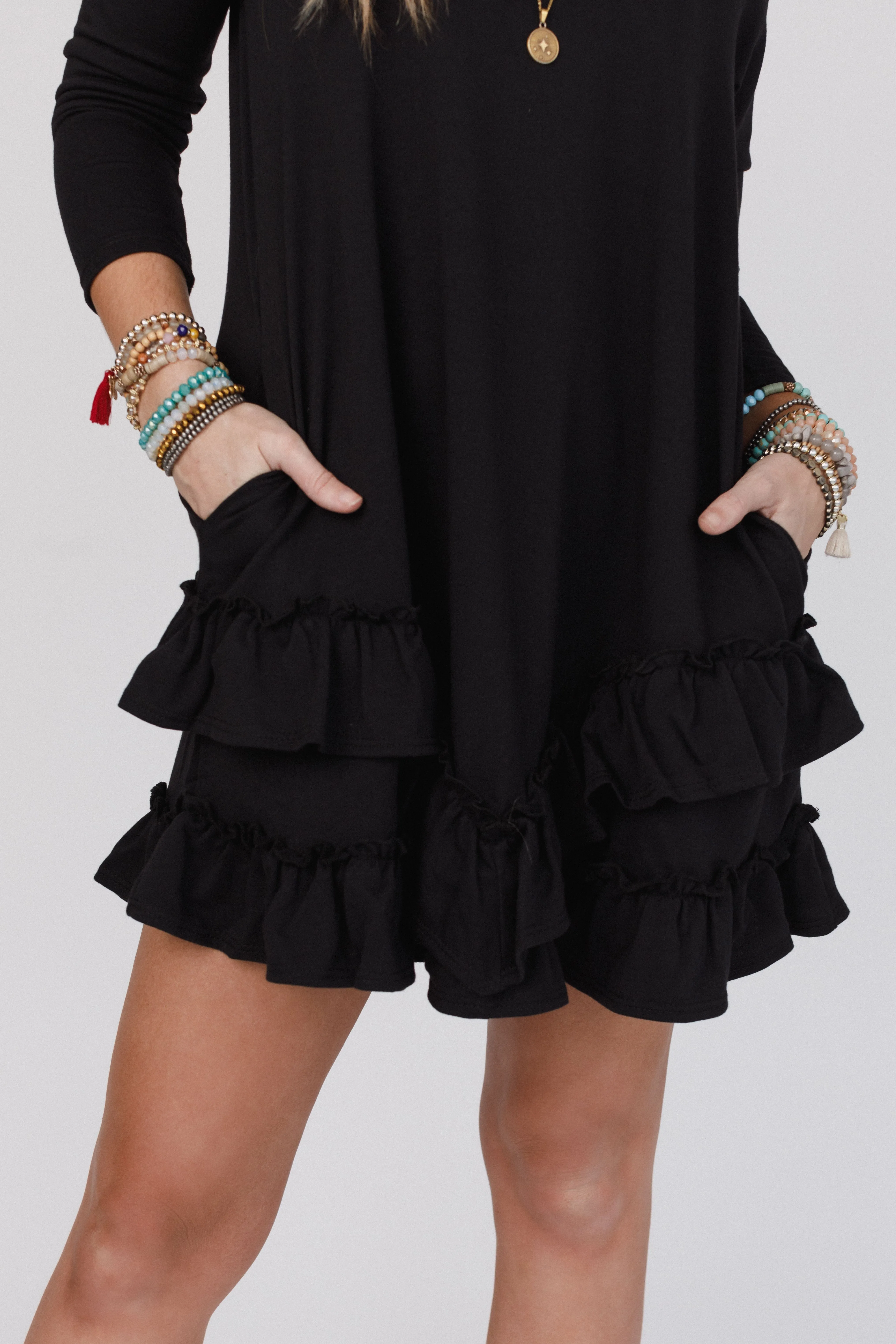 Constance Ruffle Hem Long Sleeve Dress - Black