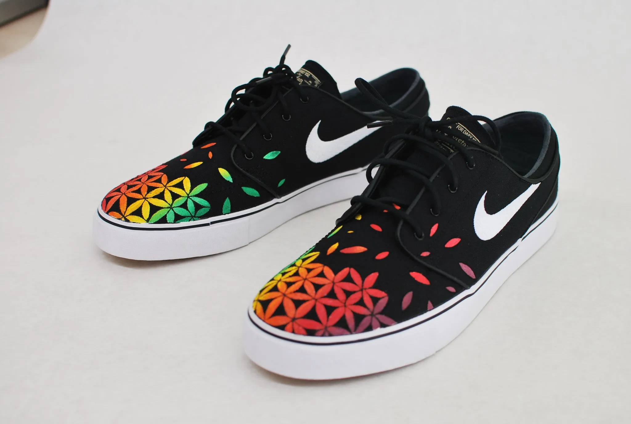 Custom Hand Painted Nike Zoom Stefan Janoski Sneakers - Rasta Sacred Geometry Flower of Life pattern