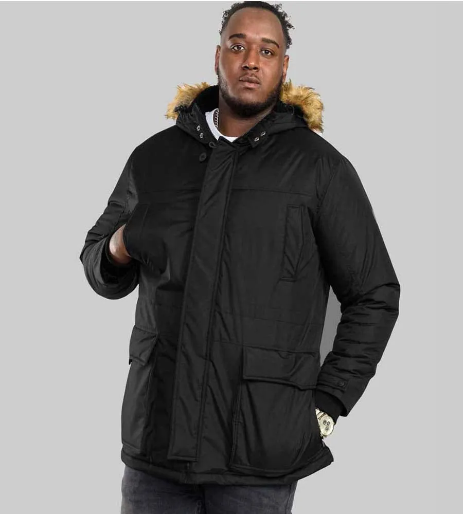 D555 Big Mens Black Parka Style Jacket With Detachable Fur Trim (LOVETT BLACK)