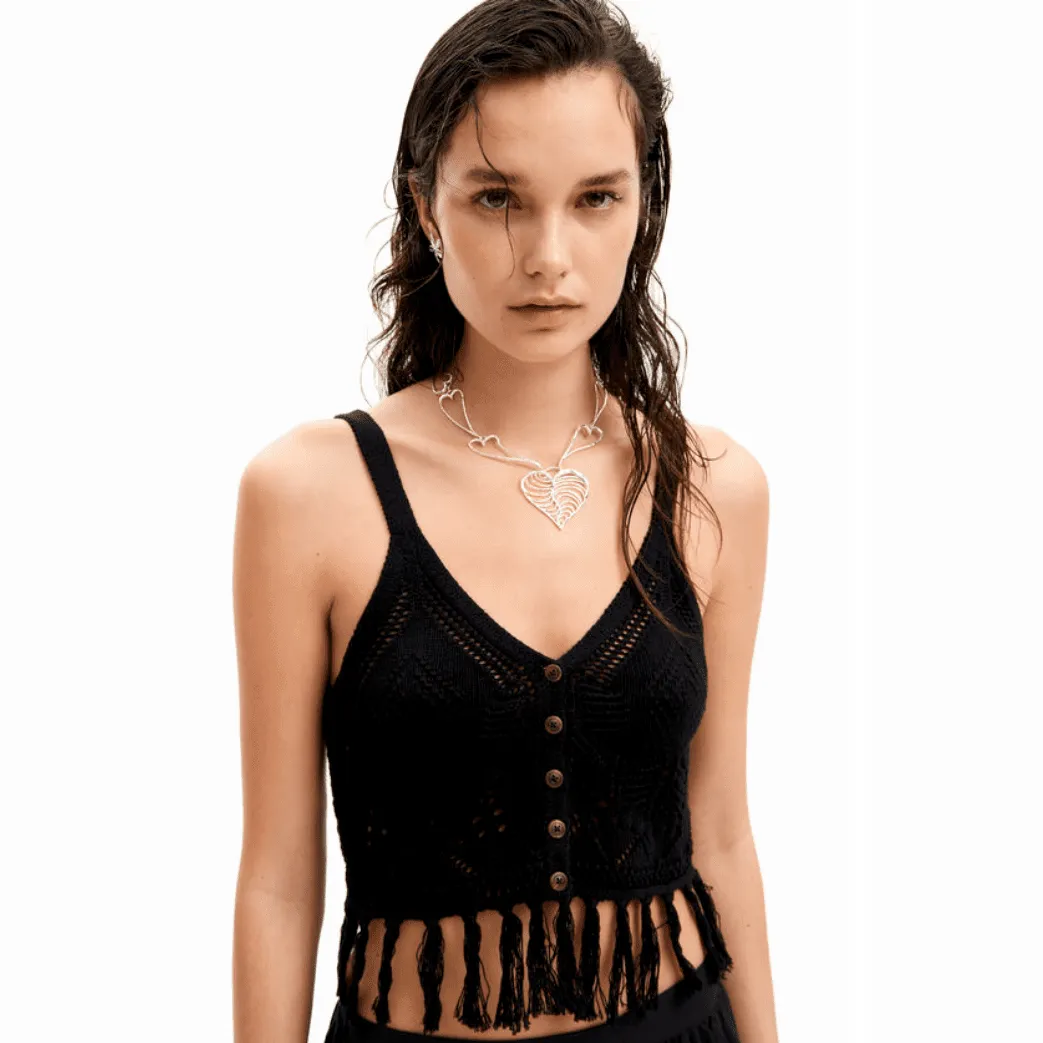 Desigual Crochet Crop Cardigan Fringe Top in Black