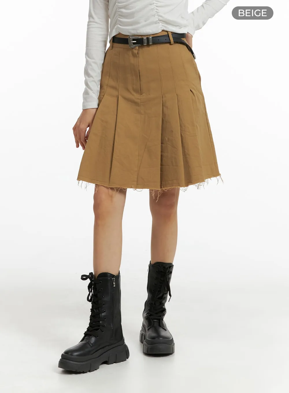 Destroyed Hem Pleated Midi Skirt CM407