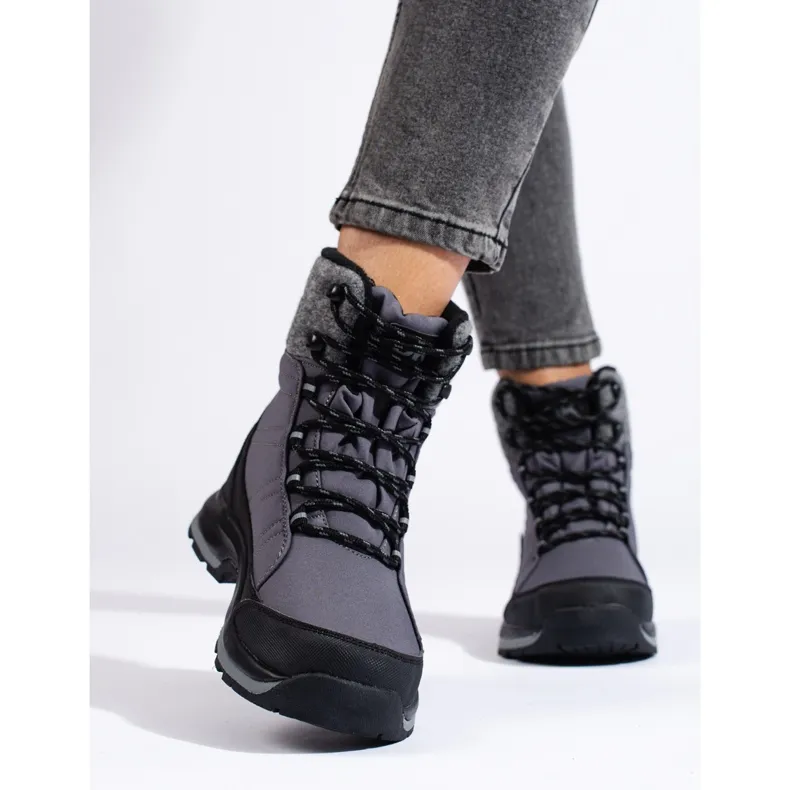 DK gray lace-up women's snow boots black