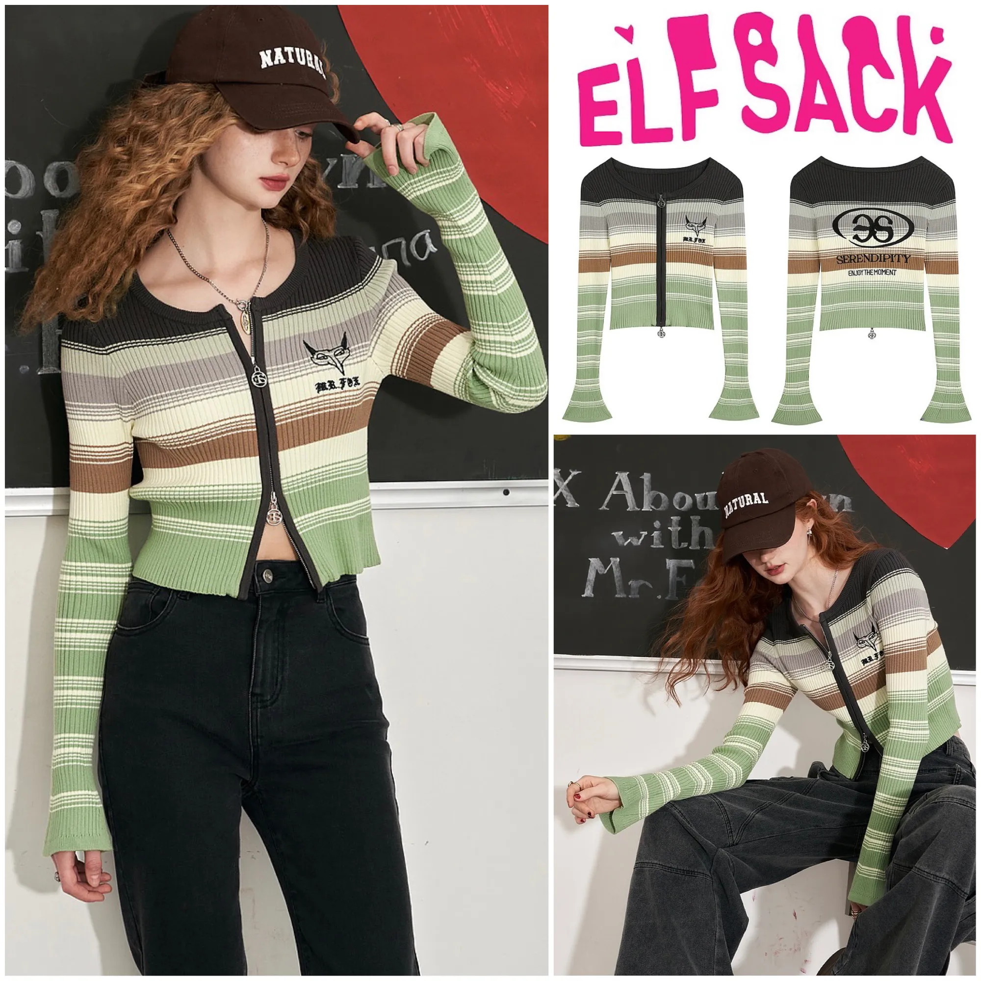 ELF SACK  |Stripes Casual Style Long Sleeves Cardigans