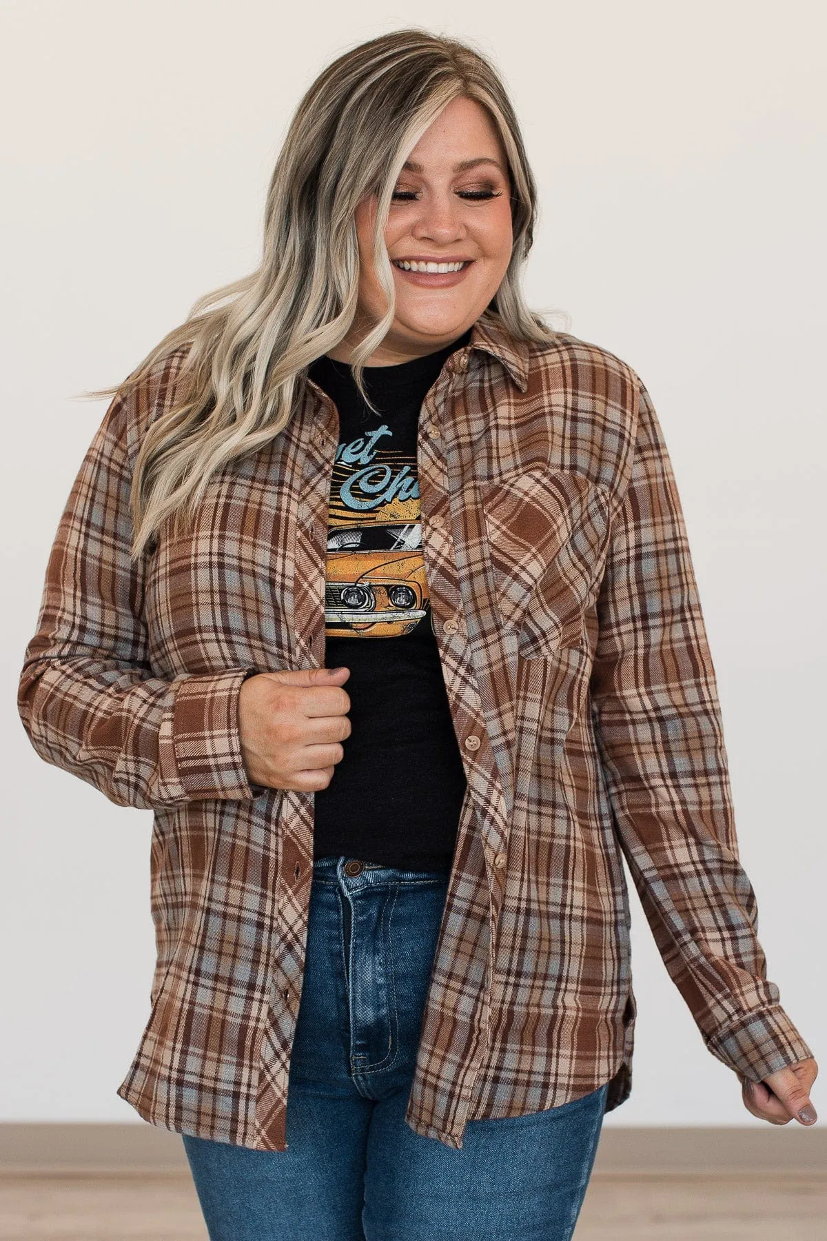 Falling Leaves Plaid Button Top- Brown