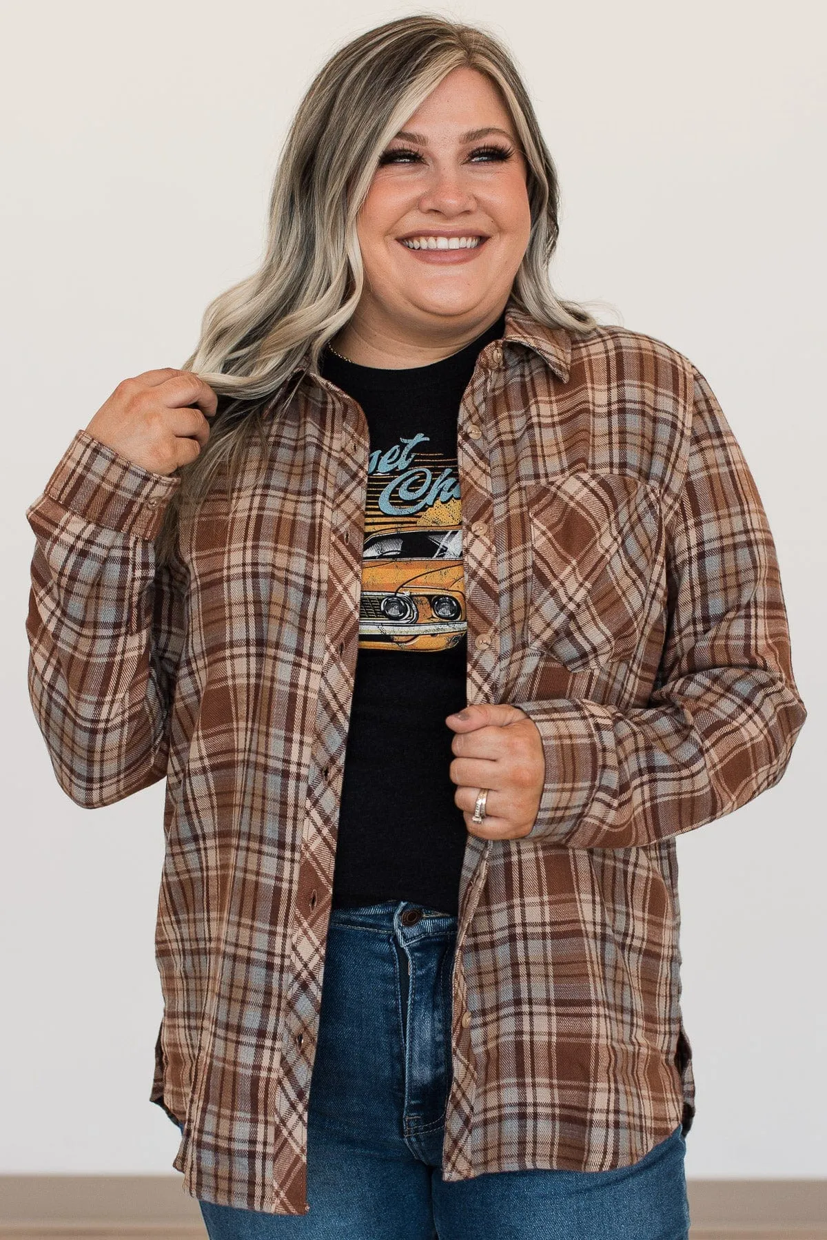 Falling Leaves Plaid Button Top- Brown