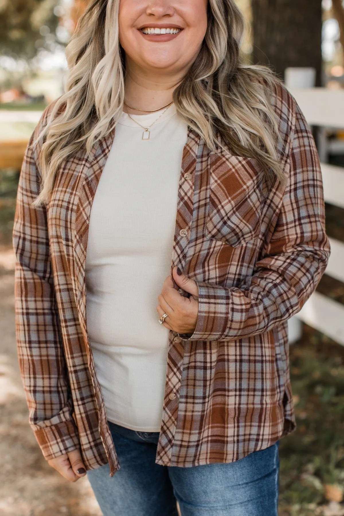 Falling Leaves Plaid Button Top- Brown