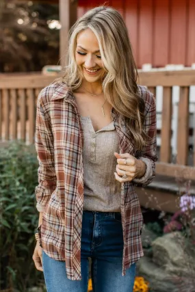 Falling Leaves Plaid Button Top- Brown