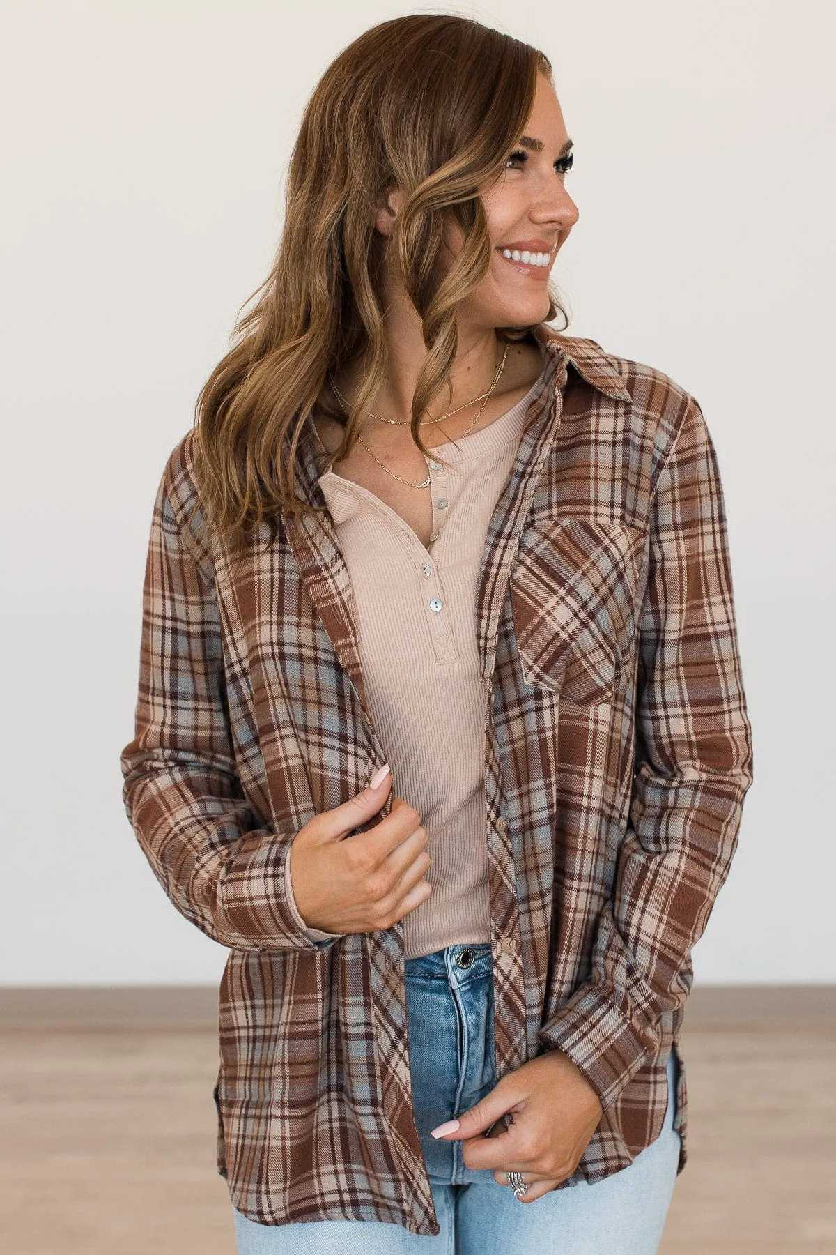 Falling Leaves Plaid Button Top- Brown