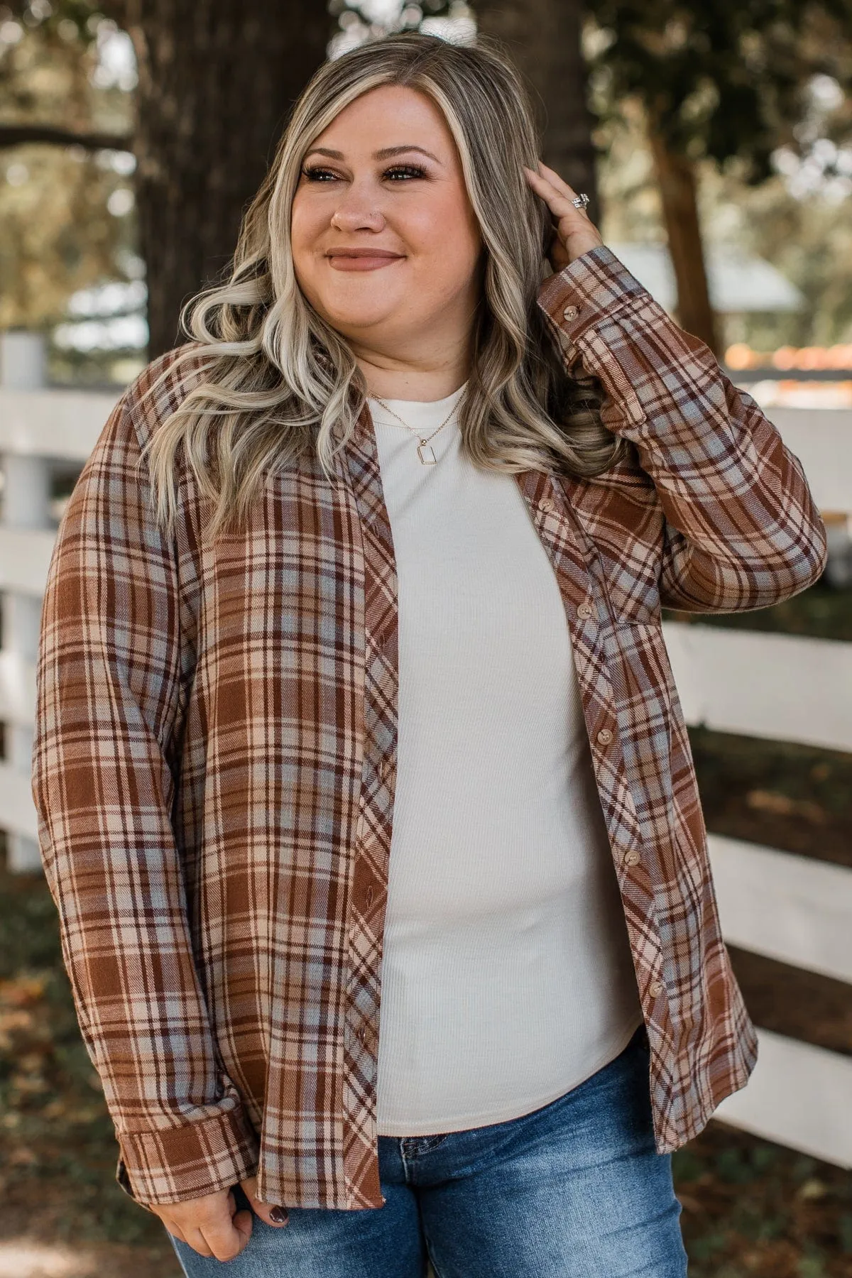 Falling Leaves Plaid Button Top- Brown