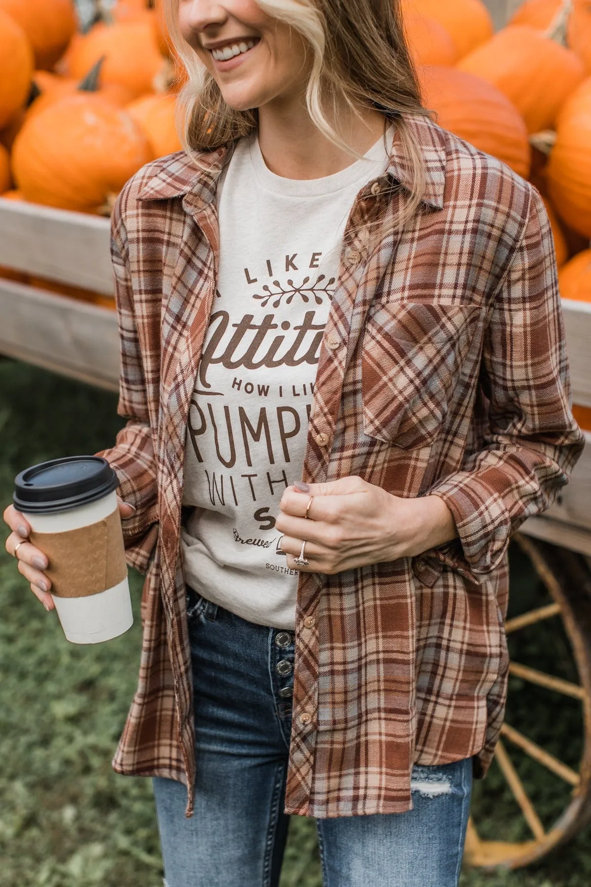 Falling Leaves Plaid Button Top- Brown