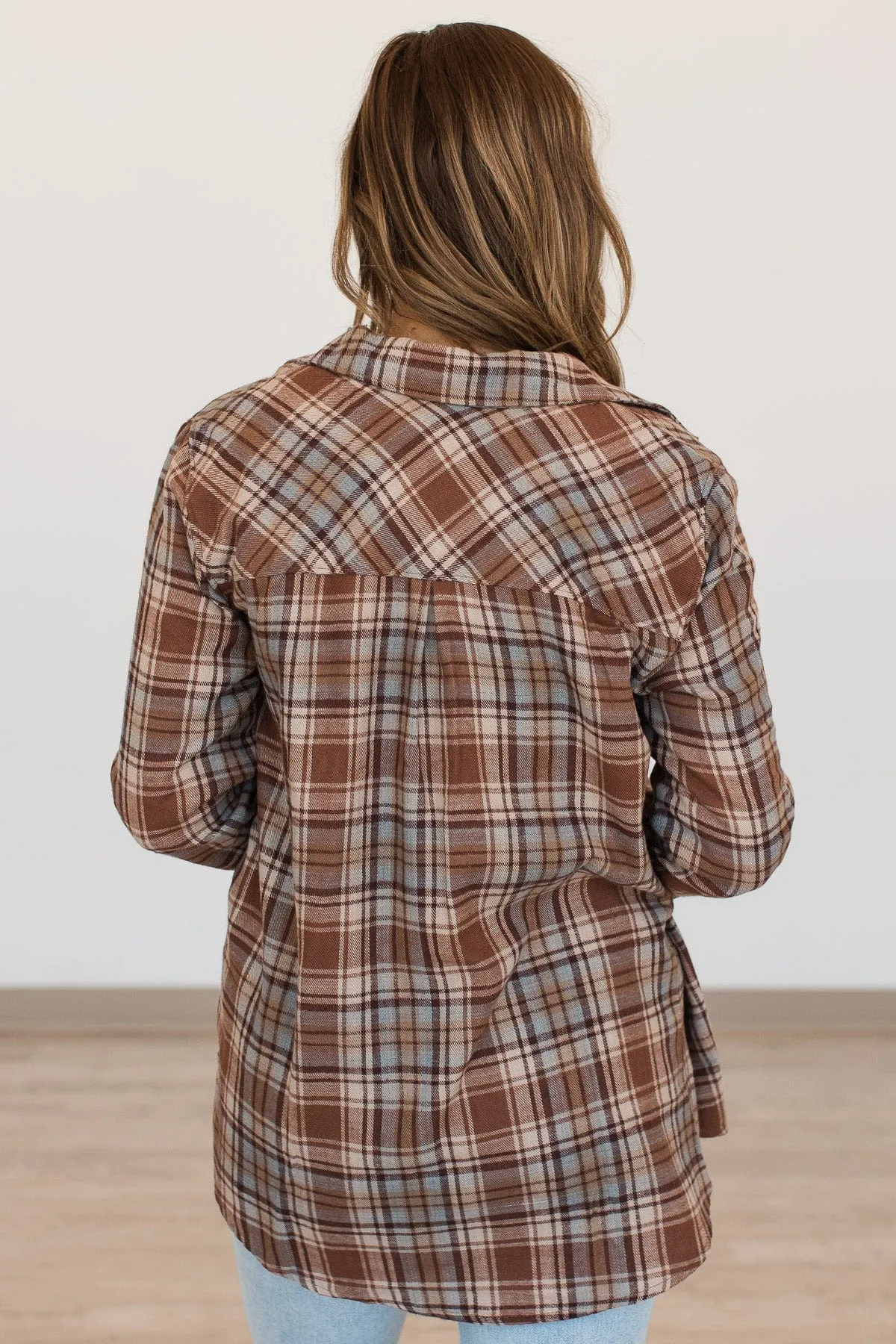 Falling Leaves Plaid Button Top- Brown