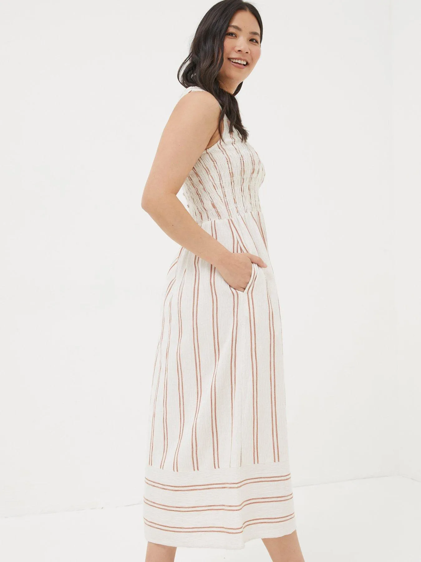 FatFace Aria Stripe Midi Dress - Beige