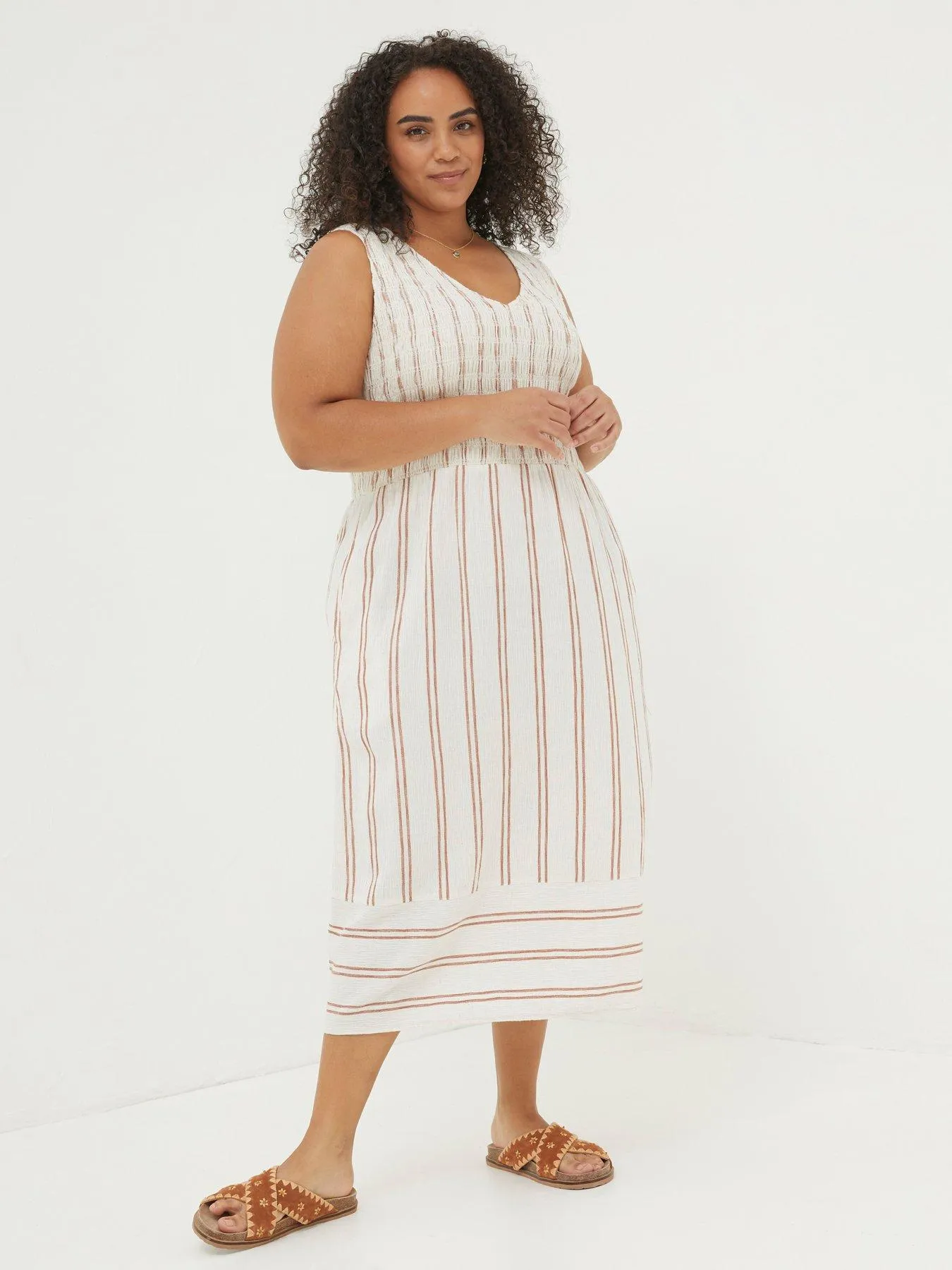 FatFace Aria Stripe Midi Dress - Beige