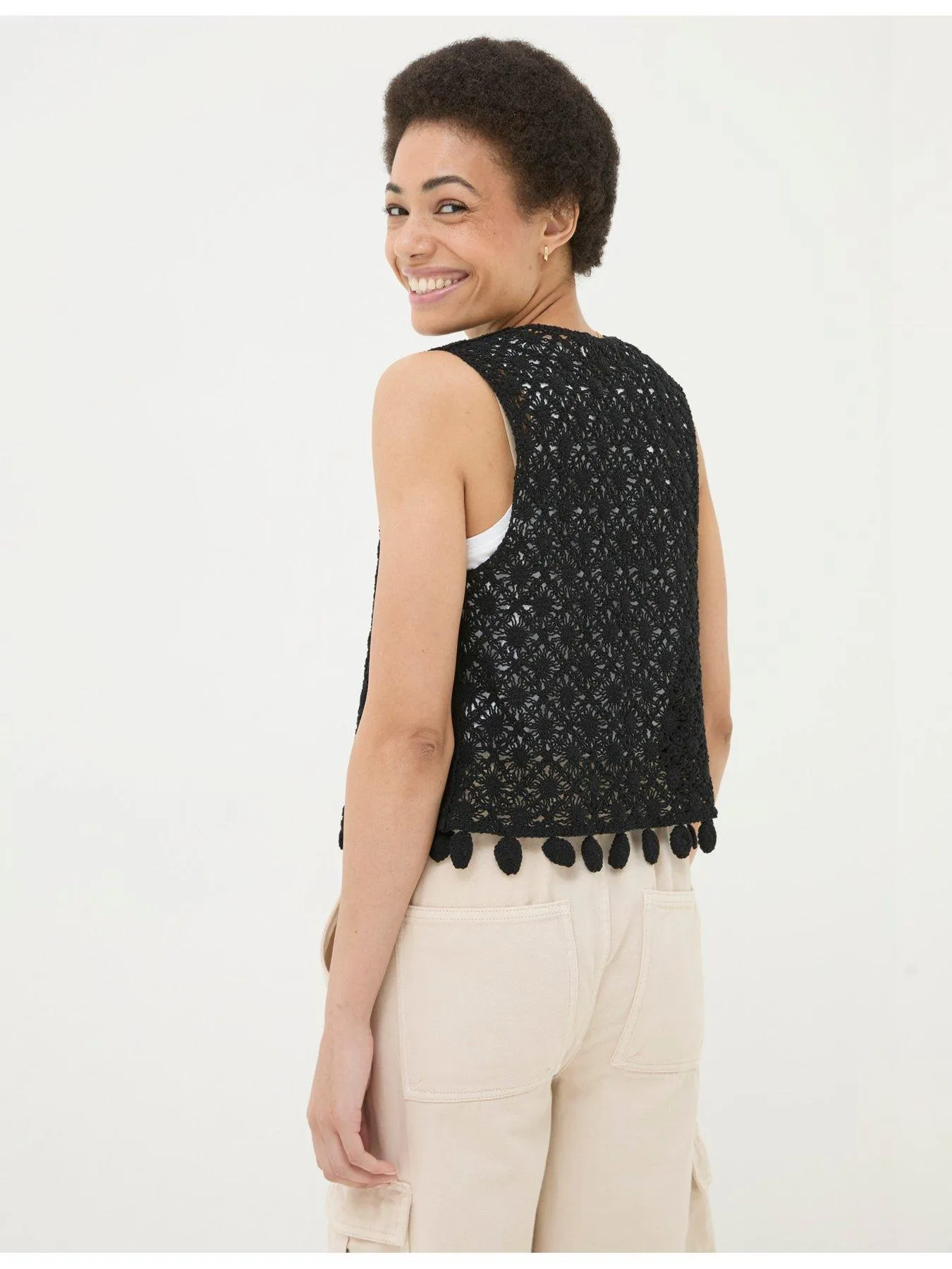 FatFace Coin Trim Crochet Waistcoat - Black