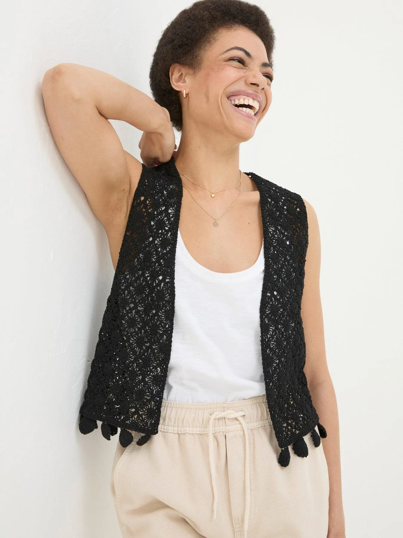 FatFace Coin Trim Crochet Waistcoat - Black