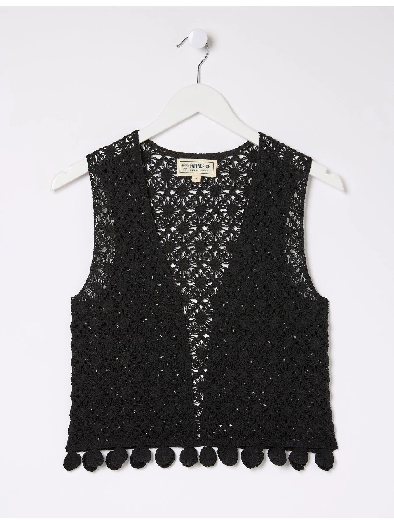 FatFace Coin Trim Crochet Waistcoat - Black